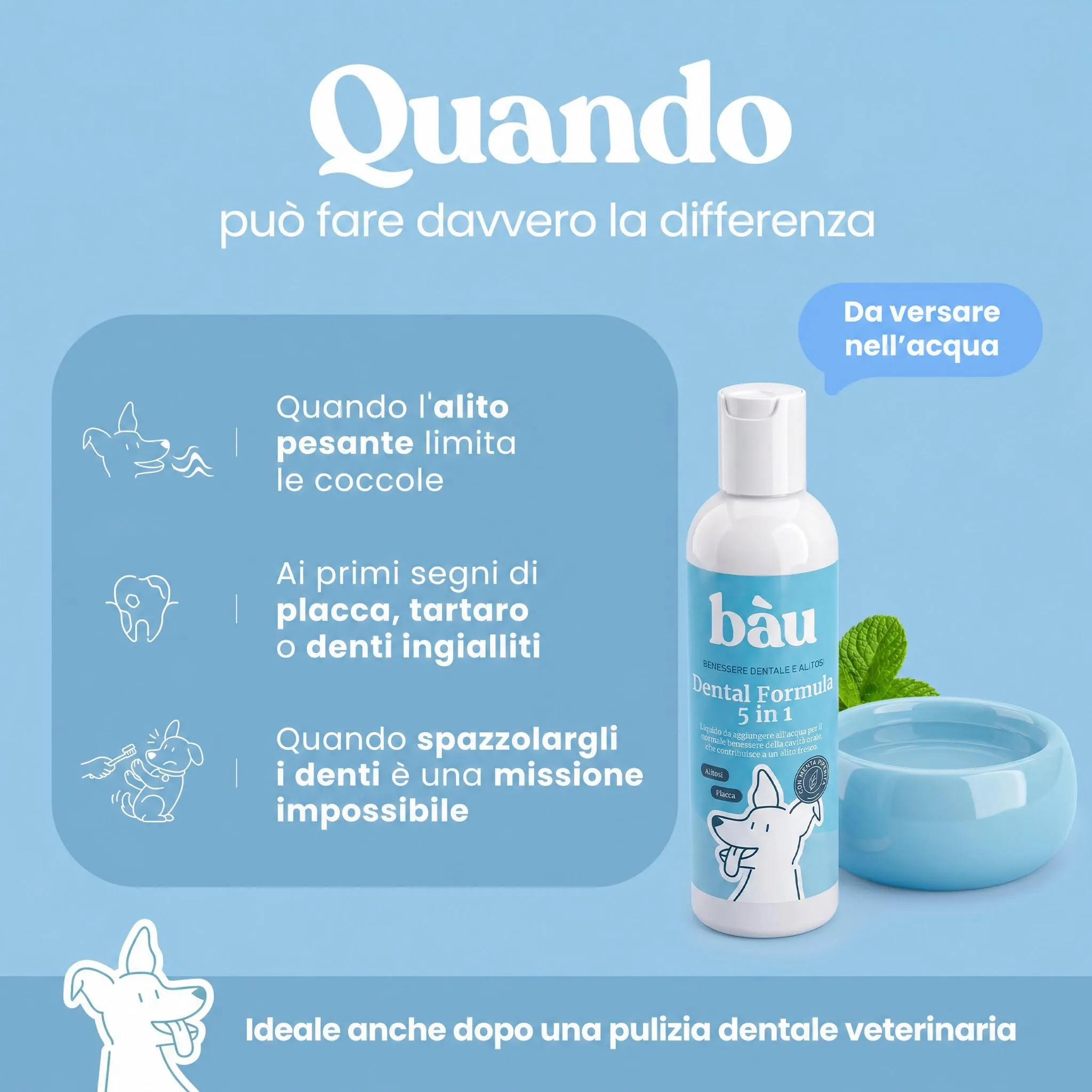Bau Dental Formula 5in1 per Cani, Additivo per Acqua per Igiene Orale, 250ml - immagine 3