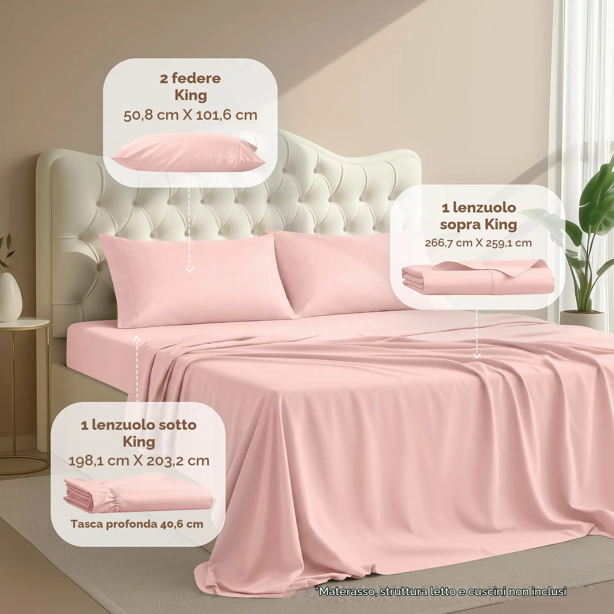 Utopia Bedding Set di lenzuola per letto king size, 4 pezzi, microfibra, Oeko Tex, rosa tè - immagine 2