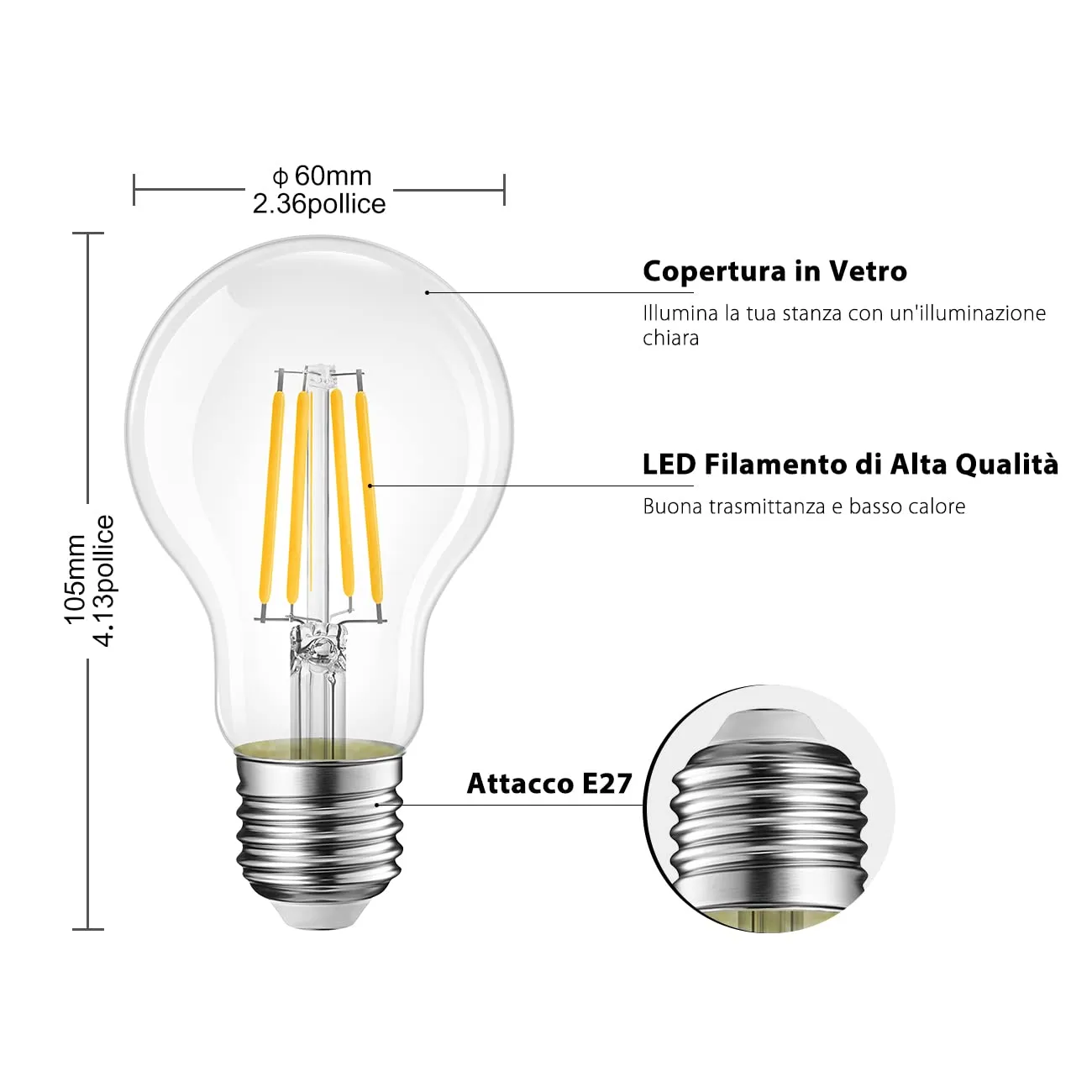 LVWIT Lampadine LED Filamento E27 6.5W A60, 806 Lumen, 6500K Bianco Freddo, Non Dimmerabile - Confezione da 6 pezzi - immagine 3