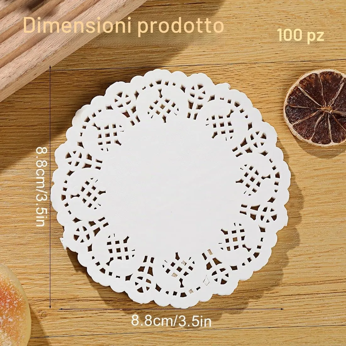 AOEVUIR Carta di pizzo rotonda per torte e dessert, 100 pezzi, 8,8 cm - immagine 2