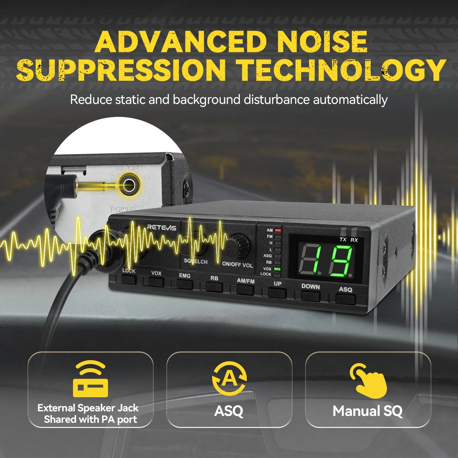 Retevis MB62 CB Radio with Antenna, External Speaker, VOX, ASQ/SQ Noise Reduction, AM/FM, EMG CH9/19 and Mounting Bracket - immagine 5