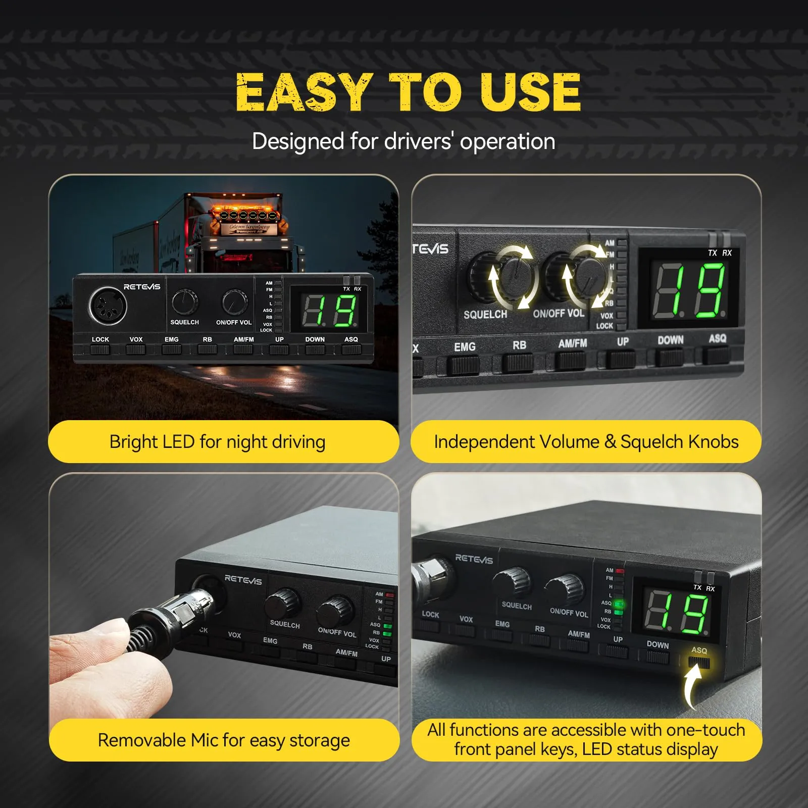 Retevis MB62 CB Radio with Antenna, External Speaker, VOX, ASQ/SQ Noise Reduction, AM/FM, EMG CH9/19 and Mounting Bracket - immagine 6