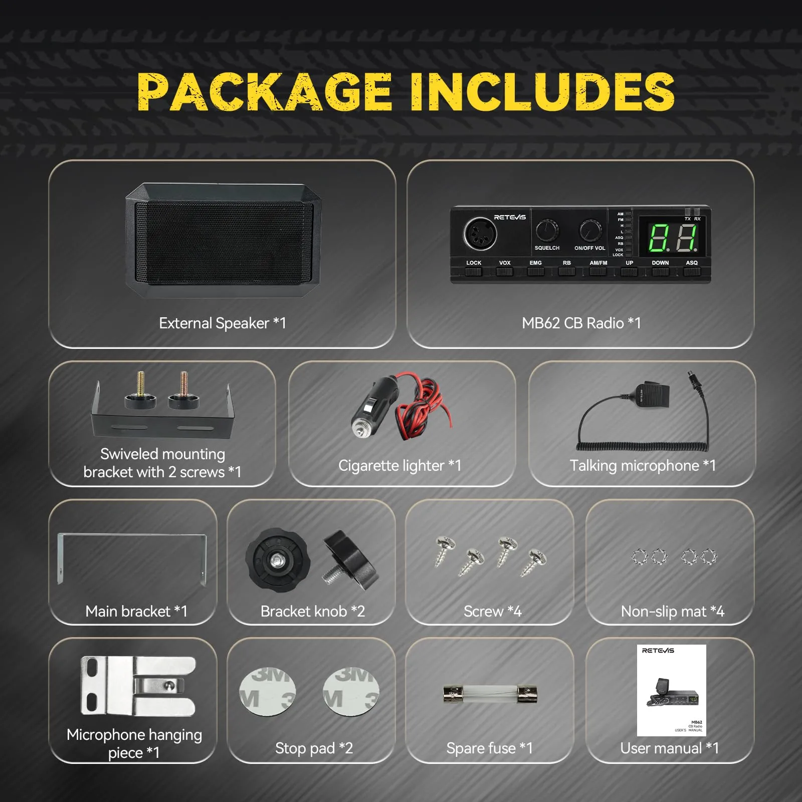 Retevis MB62 CB Radio with Antenna, External Speaker, VOX, ASQ/SQ Noise Reduction, AM/FM, EMG CH9/19 and Mounting Bracket - immagine 9