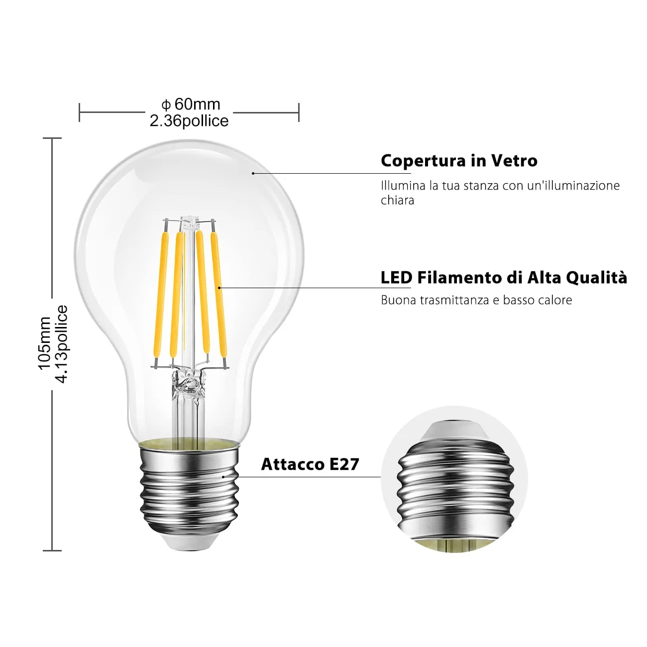 LVWIT Lampadine a Filamento LED E27, 4W (40W), 470LM, 2700K, Luce Bianca Calda, A60, Non Dimmerabile, Confezione da 6 Pezzi - immagine 3