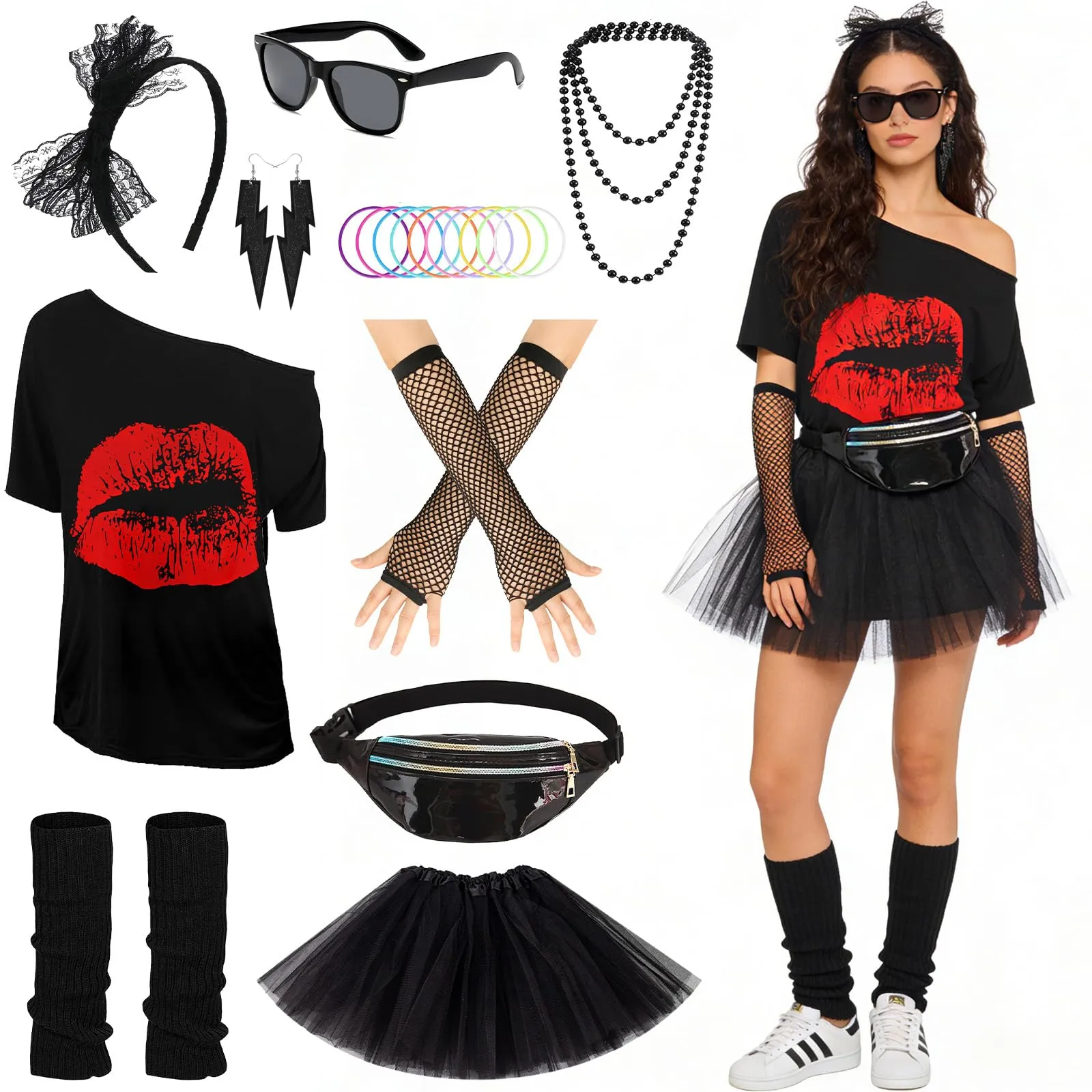 DAZZTIME Set Accessori Anni 80 Donna, Costume per Festa e Carnevale con T-shirt e Marsupio - immagine 1
