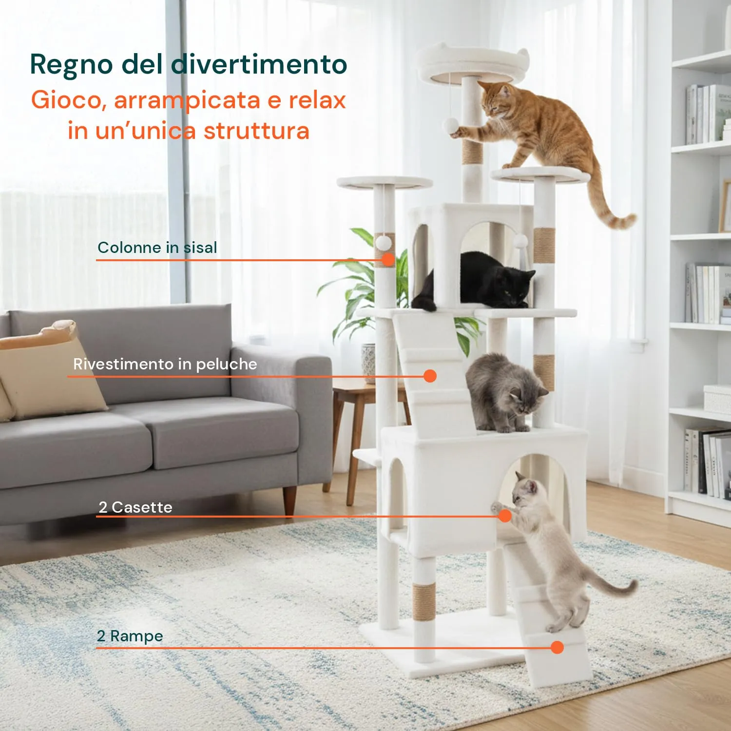 Wintem Tiragraffi con Cuccia per Gatti da Interno, 170 cm, Bianco - immagine 2