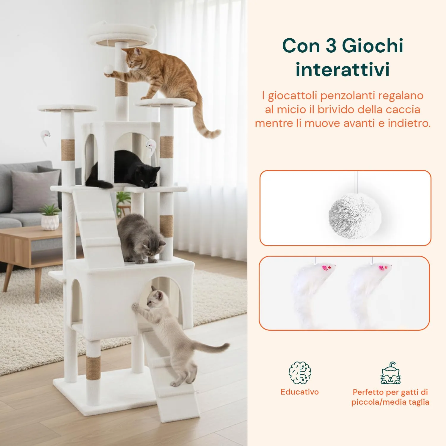 Wintem Tiragraffi con Cuccia per Gatti da Interno, 170 cm, Bianco - immagine 5