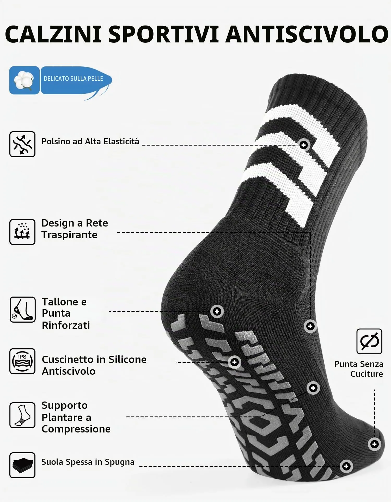 CLOSEMATE Calzini da Calcio Antiscivolo con Grip in Silicone, Nero, 39-42 - immagine 4