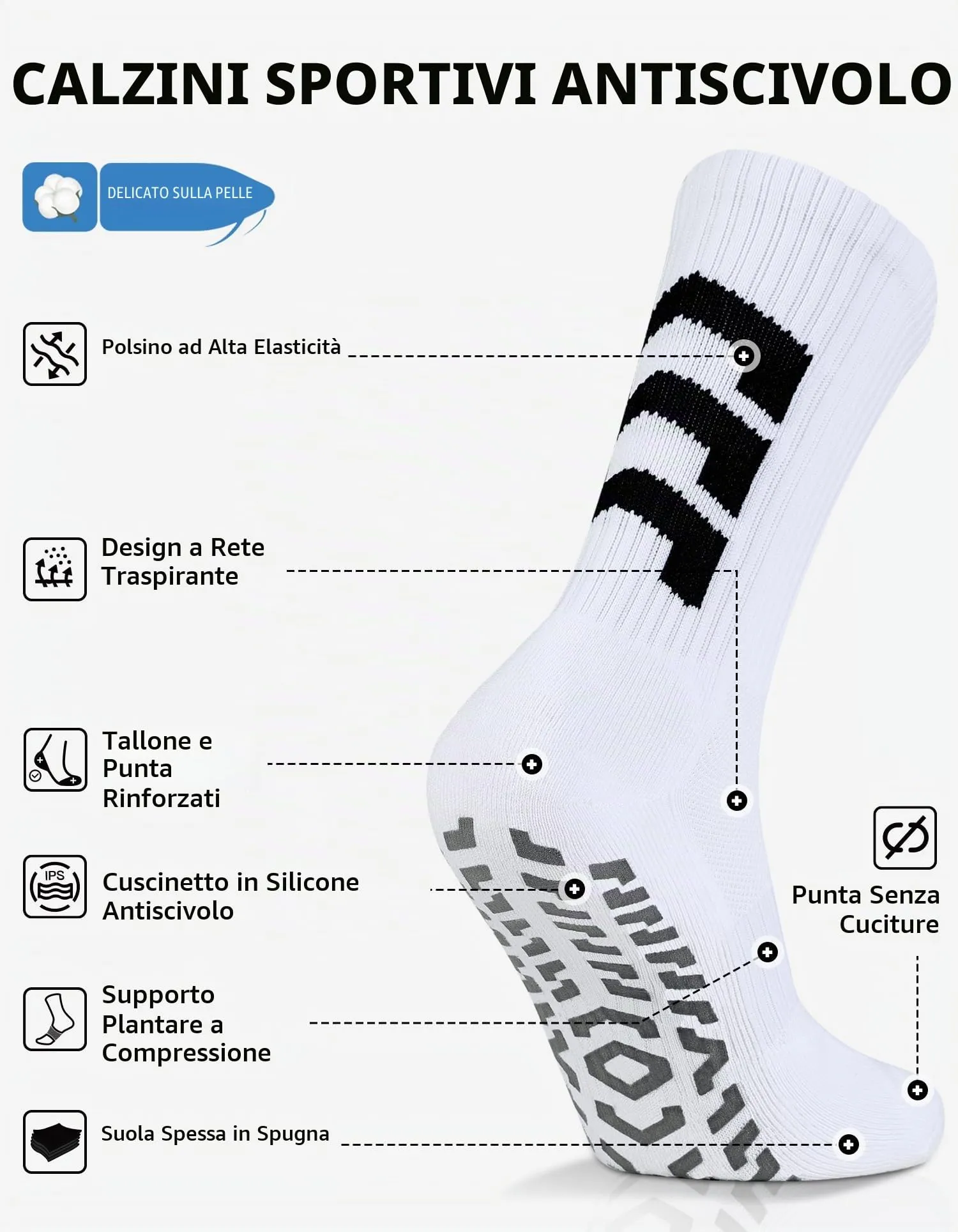 CLOSEMATE Calzini da Calcio Antiscivolo con Grip in Silicone, Bianco, Taglia 43-46 - immagine 3