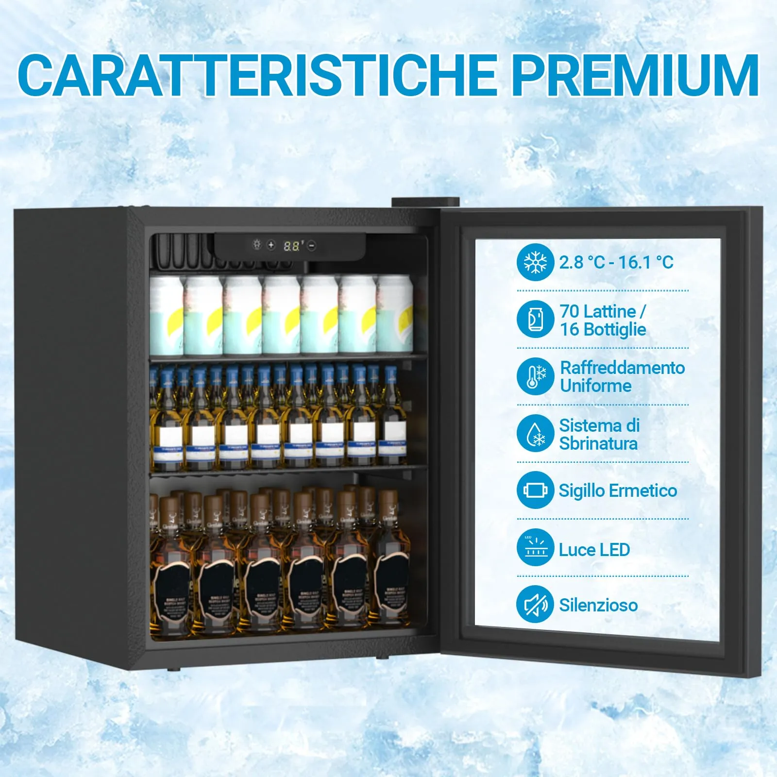 DollarDash Mini Frigorifero per Bevande 50L, Capacità 70 Lattine, Porta Trasparente, Display Digitale, Nero - immagine 3