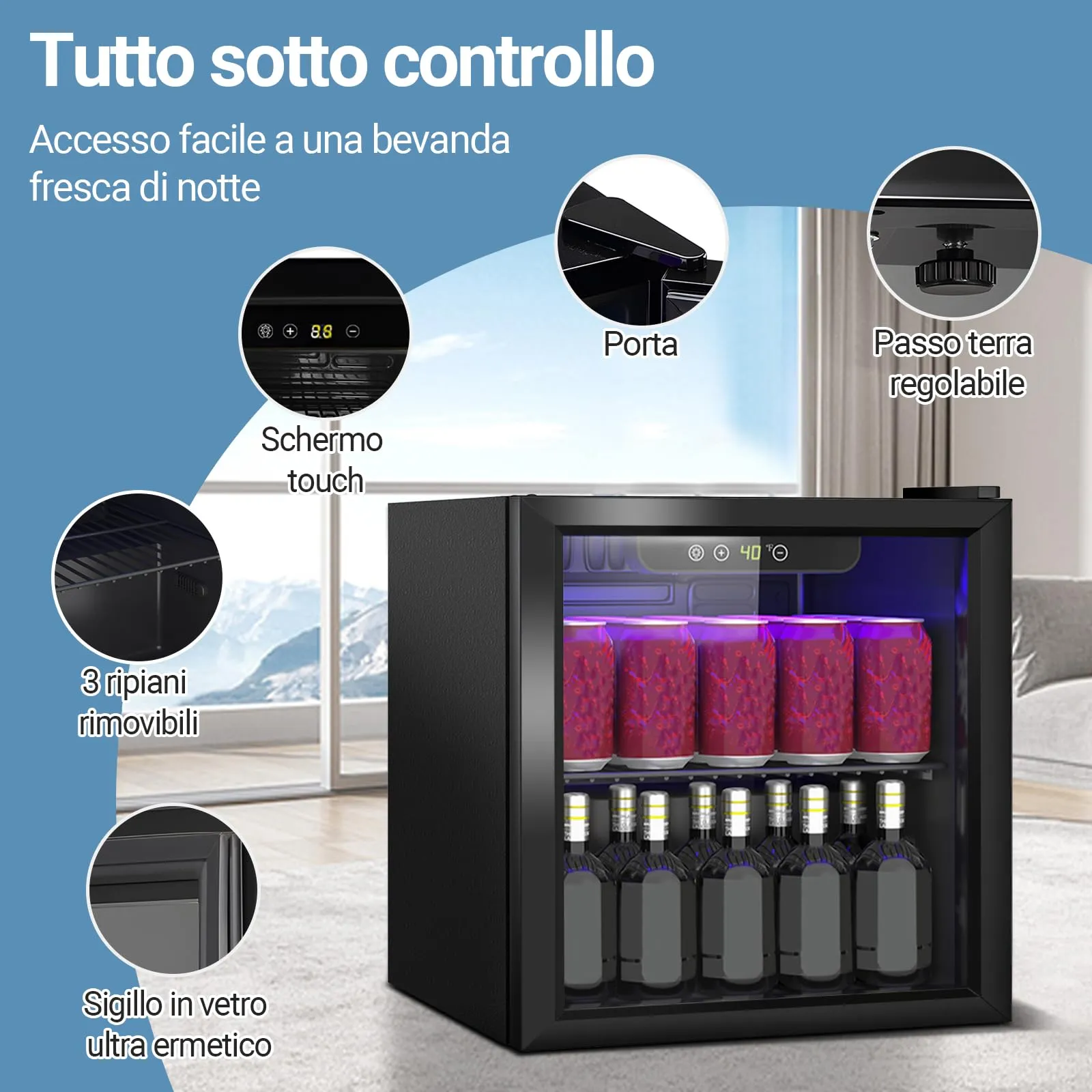 DollarDash Mini Frigorifero per Bevande 40L, 60 Lattine, Porta Trasparente, Ripiani Regolabili e Display LED, Nero - immagine 2