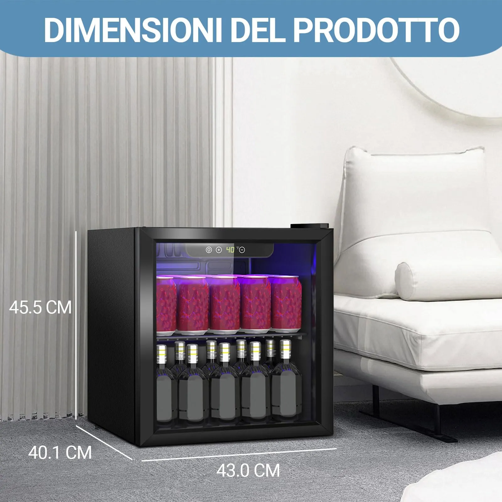 DollarDash Mini Frigorifero per Bevande 40L, 60 Lattine, Porta Trasparente, Ripiani Regolabili e Display LED, Nero - immagine 3