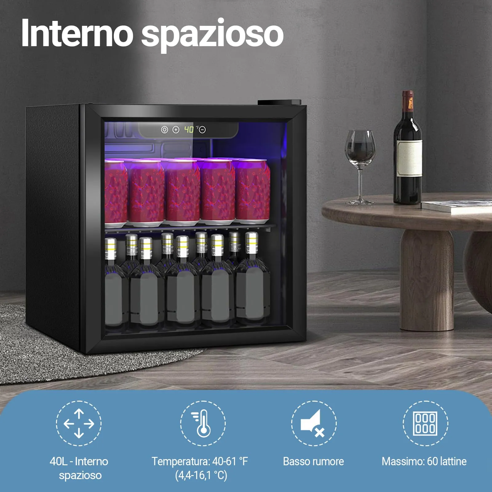 DollarDash Mini Frigorifero per Bevande 40L, 60 Lattine, Porta Trasparente, Ripiani Regolabili e Display LED, Nero - immagine 5