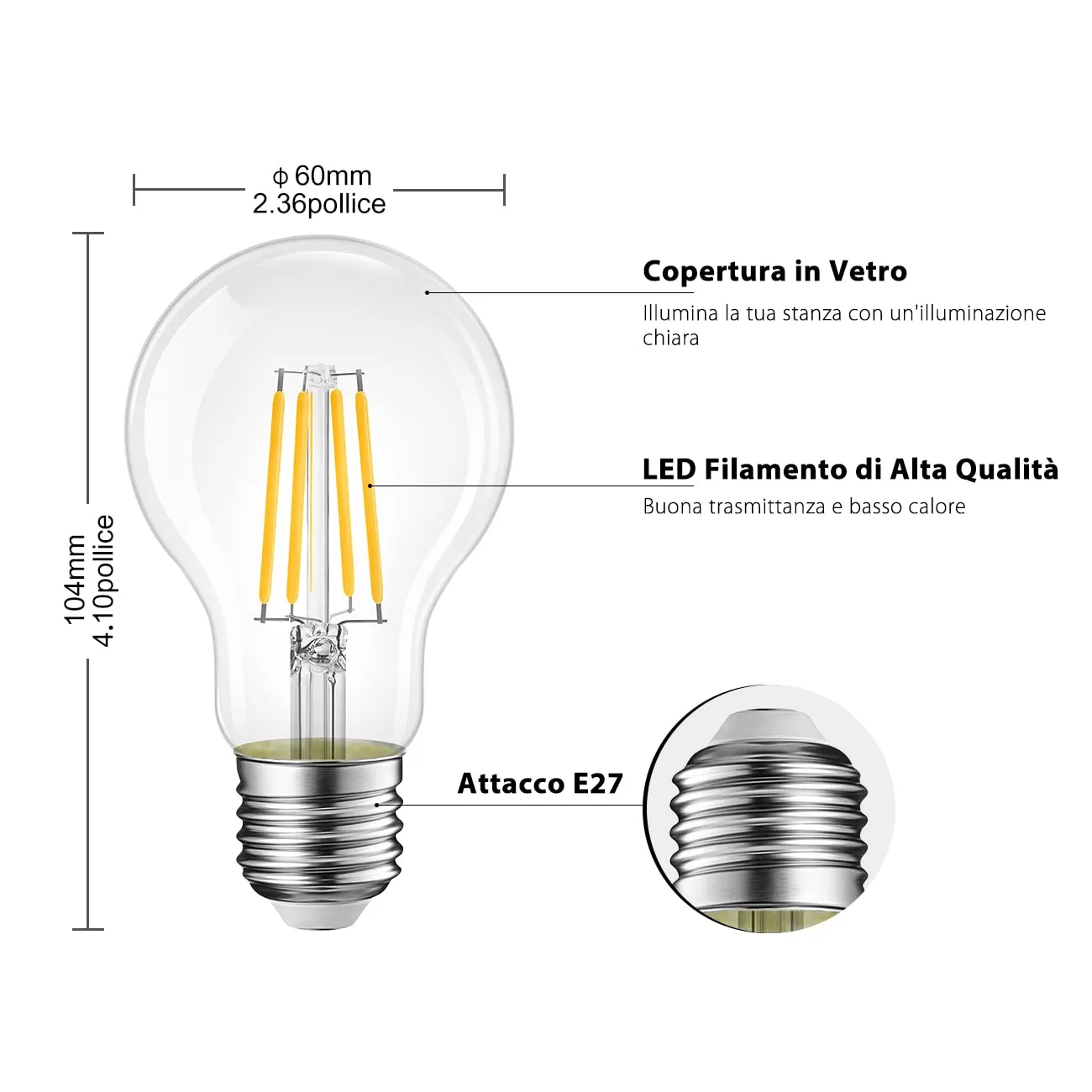 LVWIT Lampadine LED E27 A60 Filamento Vintage, 11W (Equivalenti 100W), 2700K Luce Calda, 1521LM, Non Dimmerabile, Pacco da 6 Unità - immagine 3