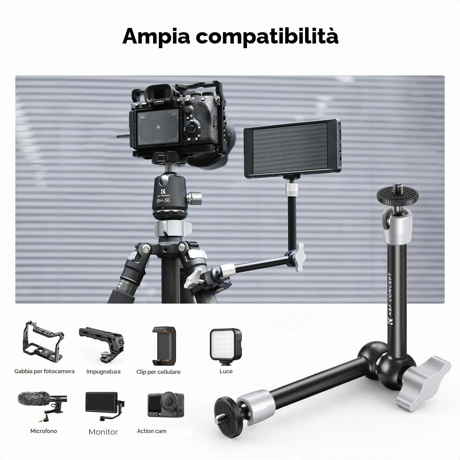 K&F CONCEPT Braccio Magico 9,8" con Super Clamp e Doppia Sfera 360° - MS32 - immagine 2