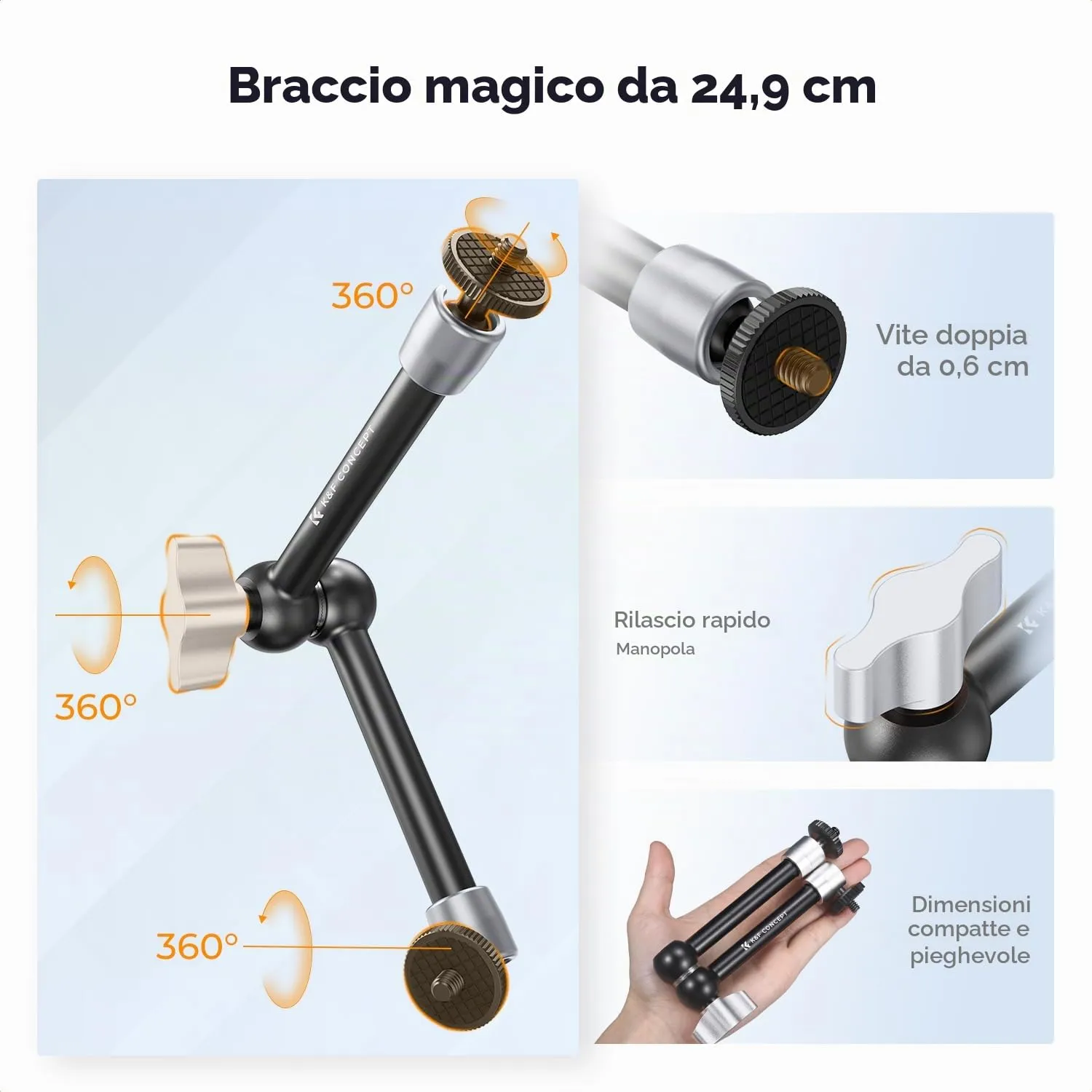 K&F CONCEPT Braccio Magico 9,8" con Super Clamp e Doppia Sfera 360° - MS32 - immagine 6