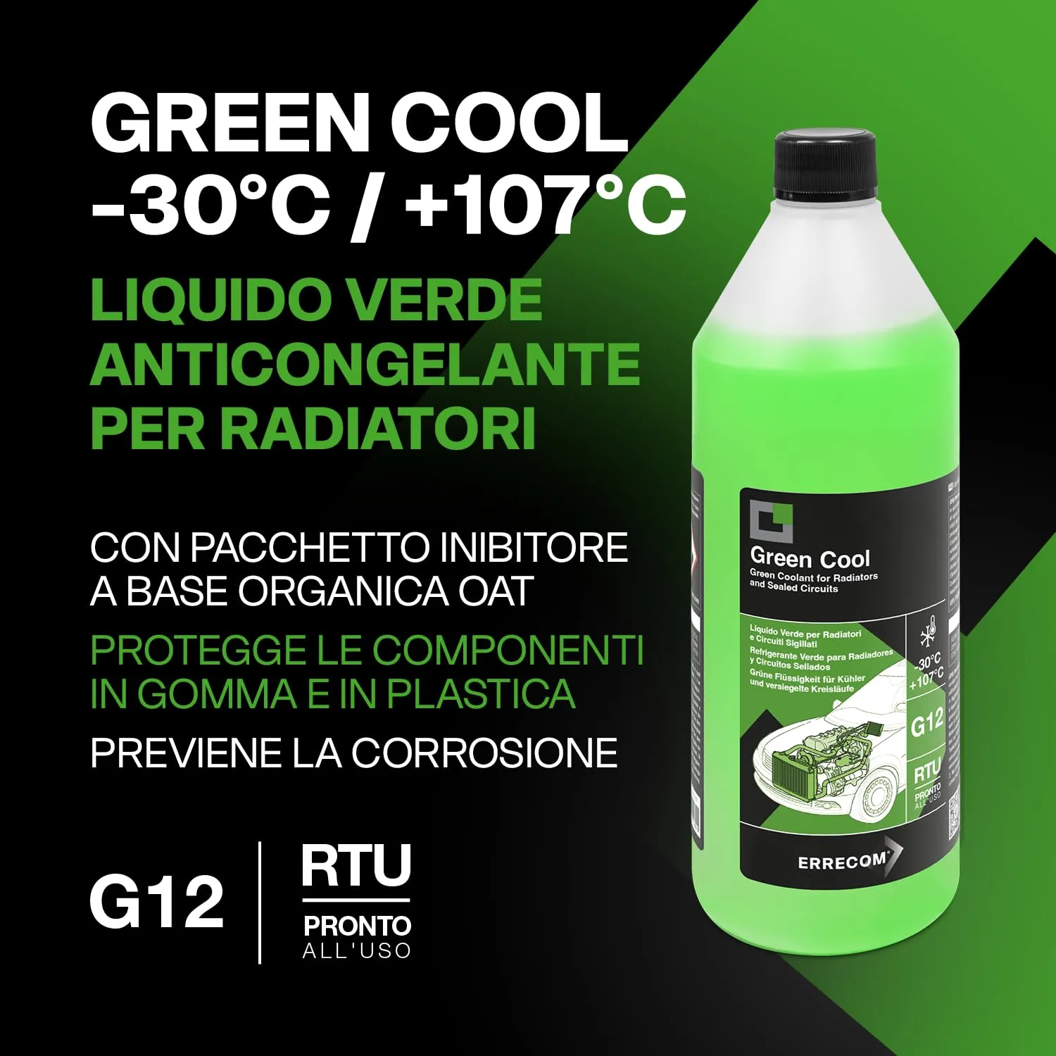 ERRECOM Green Cool Liquido Radiatore Verde G12 OAT, -30°C/+107°C, Pronto all’Uso, 1 Litro - immagine 2