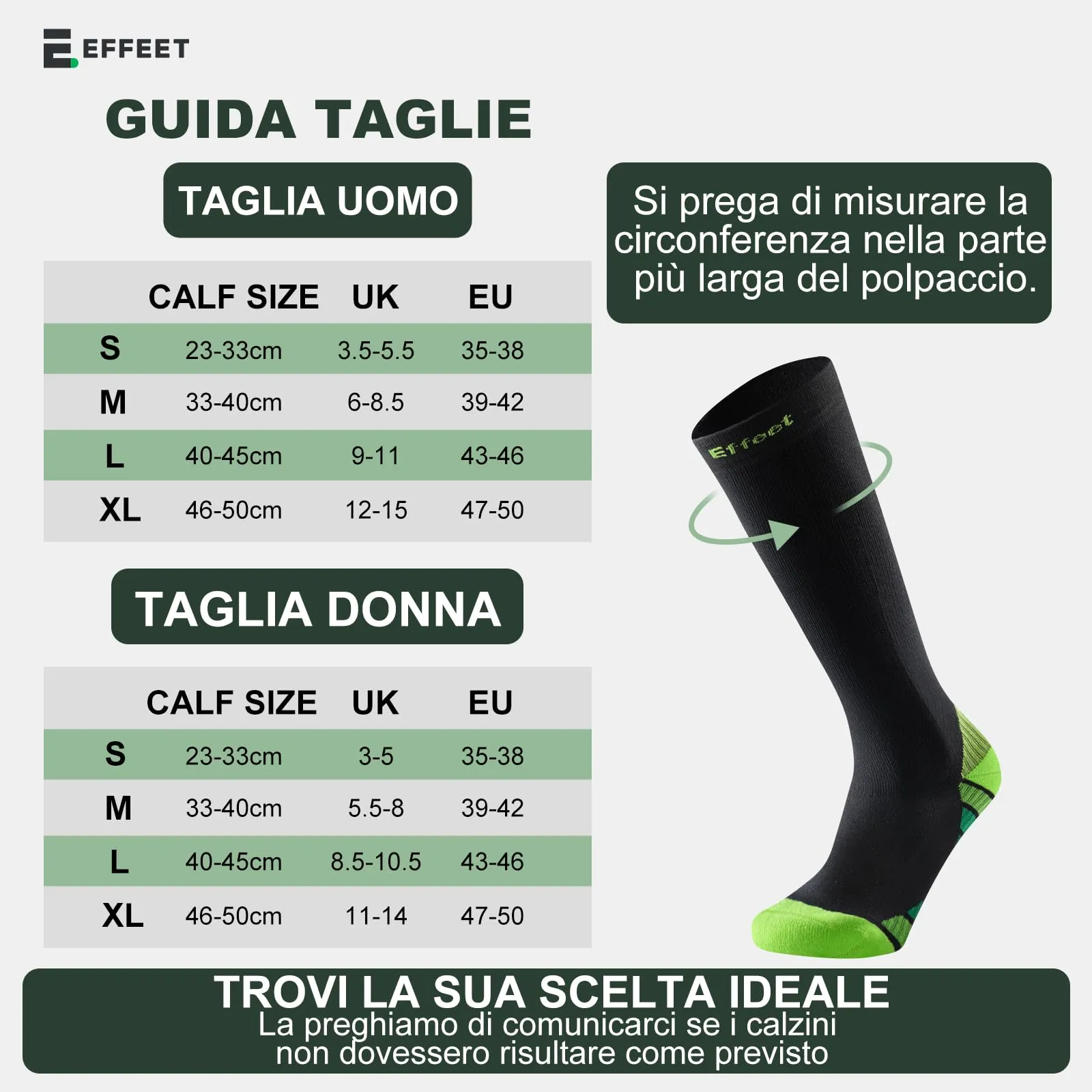 Effeet Calze Compressione Graduata Donna Uomo, 2 Paia, 20-30 mmHg, Sport, Verde, 43-46 - immagine 5