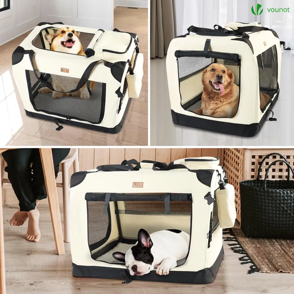 VOUNOT Trasportino per Cani e Gatti, Borsa da Trasporto Pieghevole con Materasso Morbido e Striscia Riflettente, XL 82x60x60cm, Beige - immagine 6