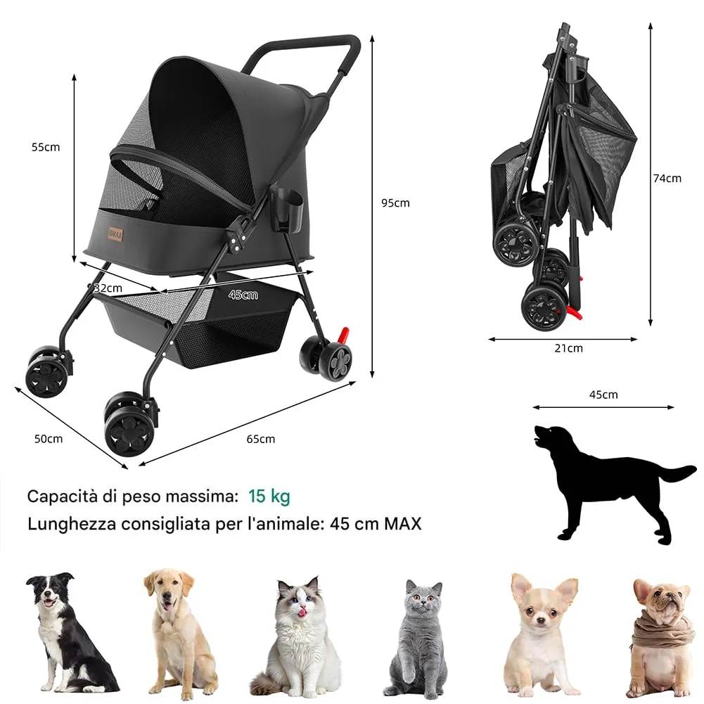 BAKAJI Passeggino per Animali Domestici fino a 15kg, Pieghevole con Cestello Portaoggetti e Ruote Bloccabili, Nero - immagine 5