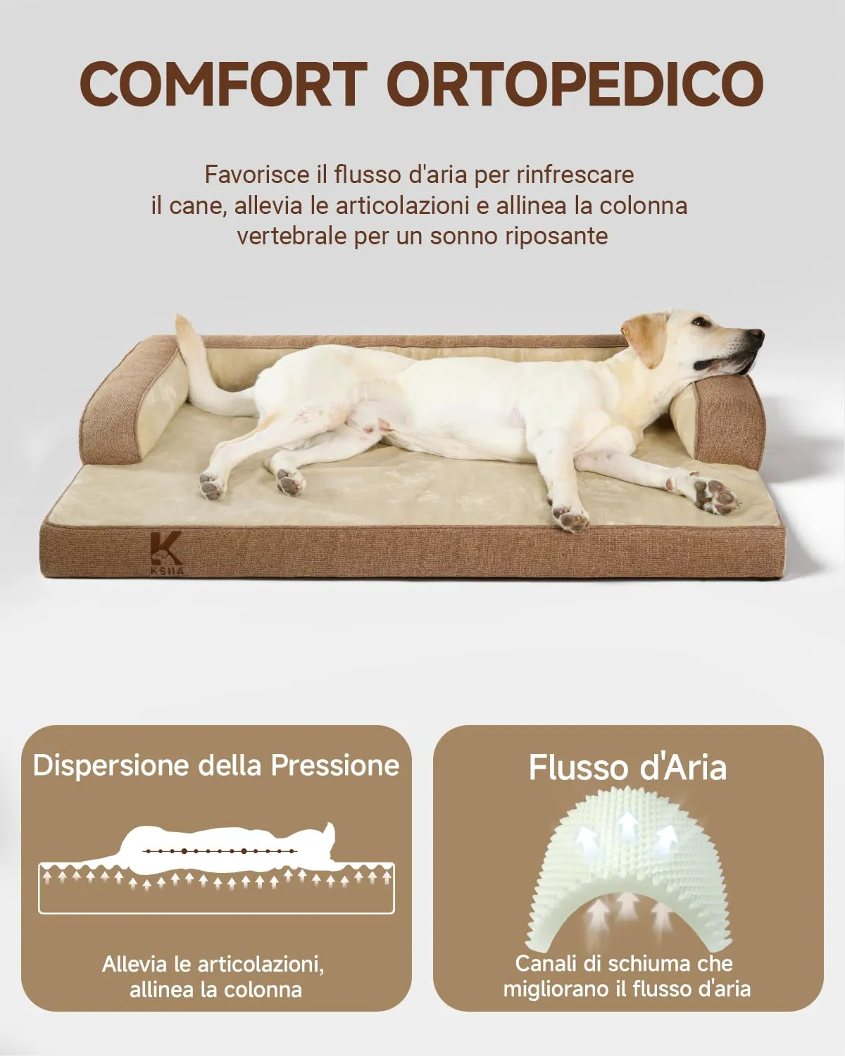 KSIIA Cuccia Cane Grande Ortopedica Sfoderabile e Lavabile, 119x81x19cm, Marrone - immagine 3