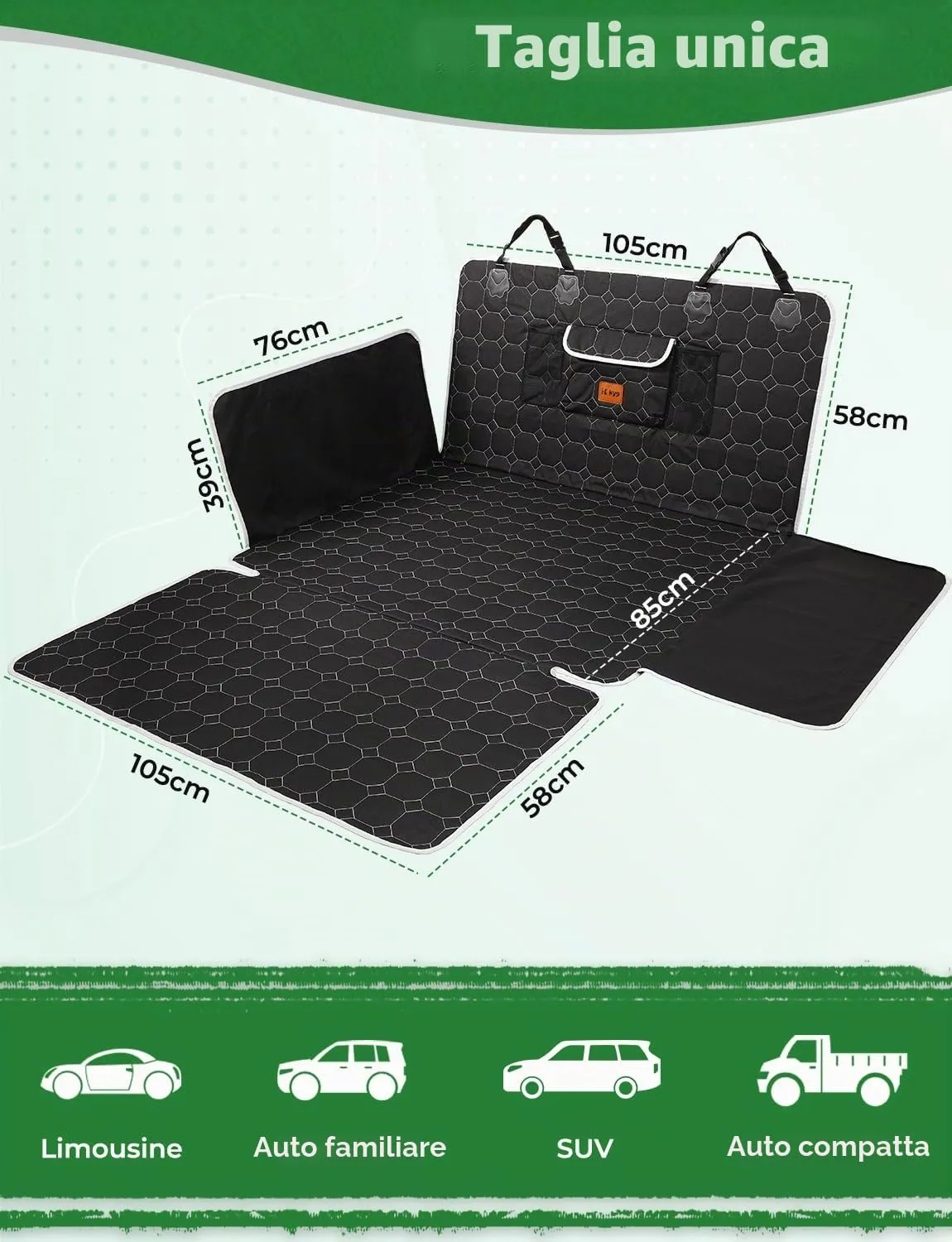 KYG Telo Auto per Cani, Copri-Bagagliaio Impermeabile e Antiscivolo per SUV, Station Wagon e Furgoni, 200 x 105cm - immagine 3