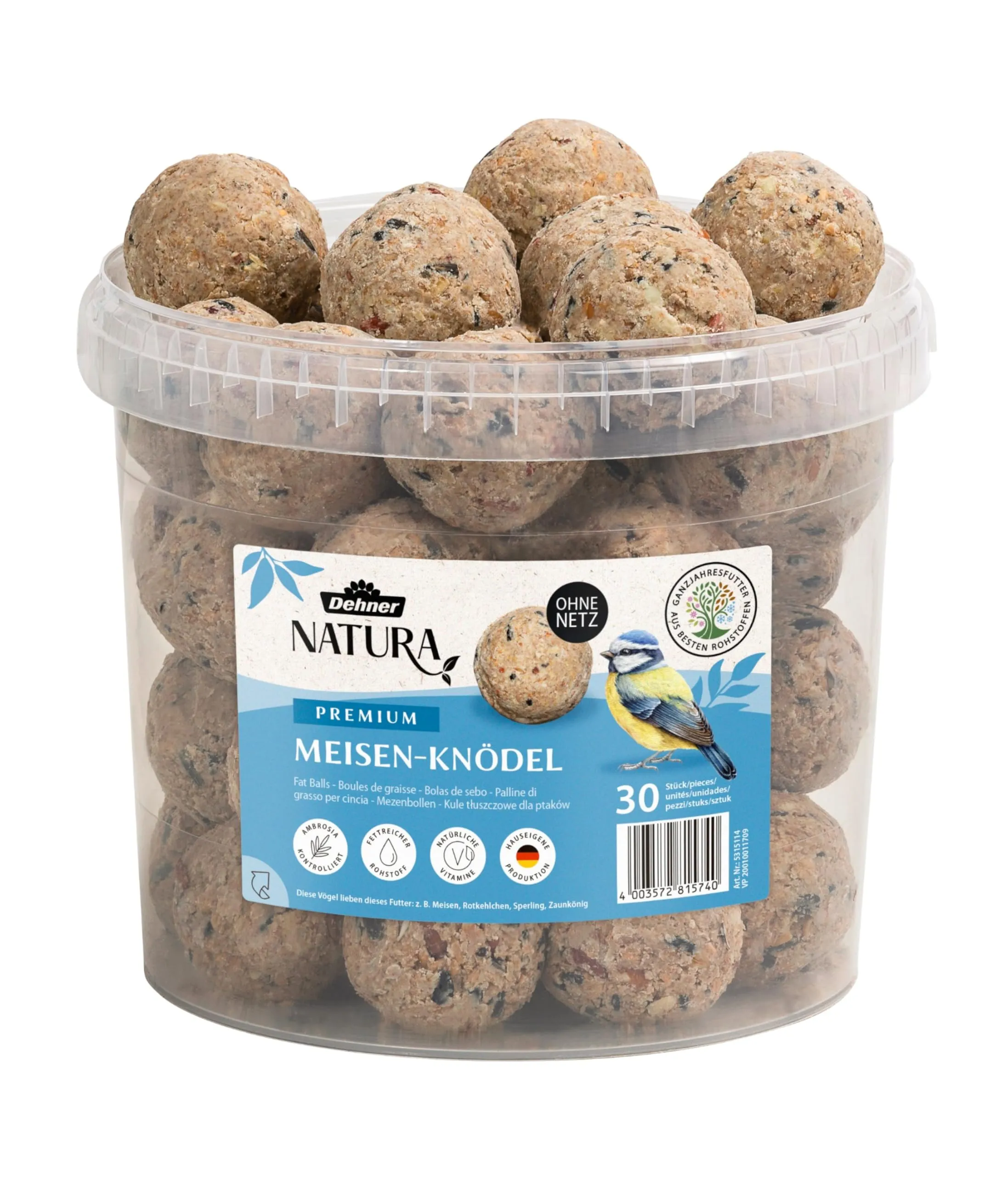 Dehner Natura Premium Mangime per uccelli selvatici, palline per cinciallegre, 30 pezzi x 90 g (2,7 kg) - immagine 2