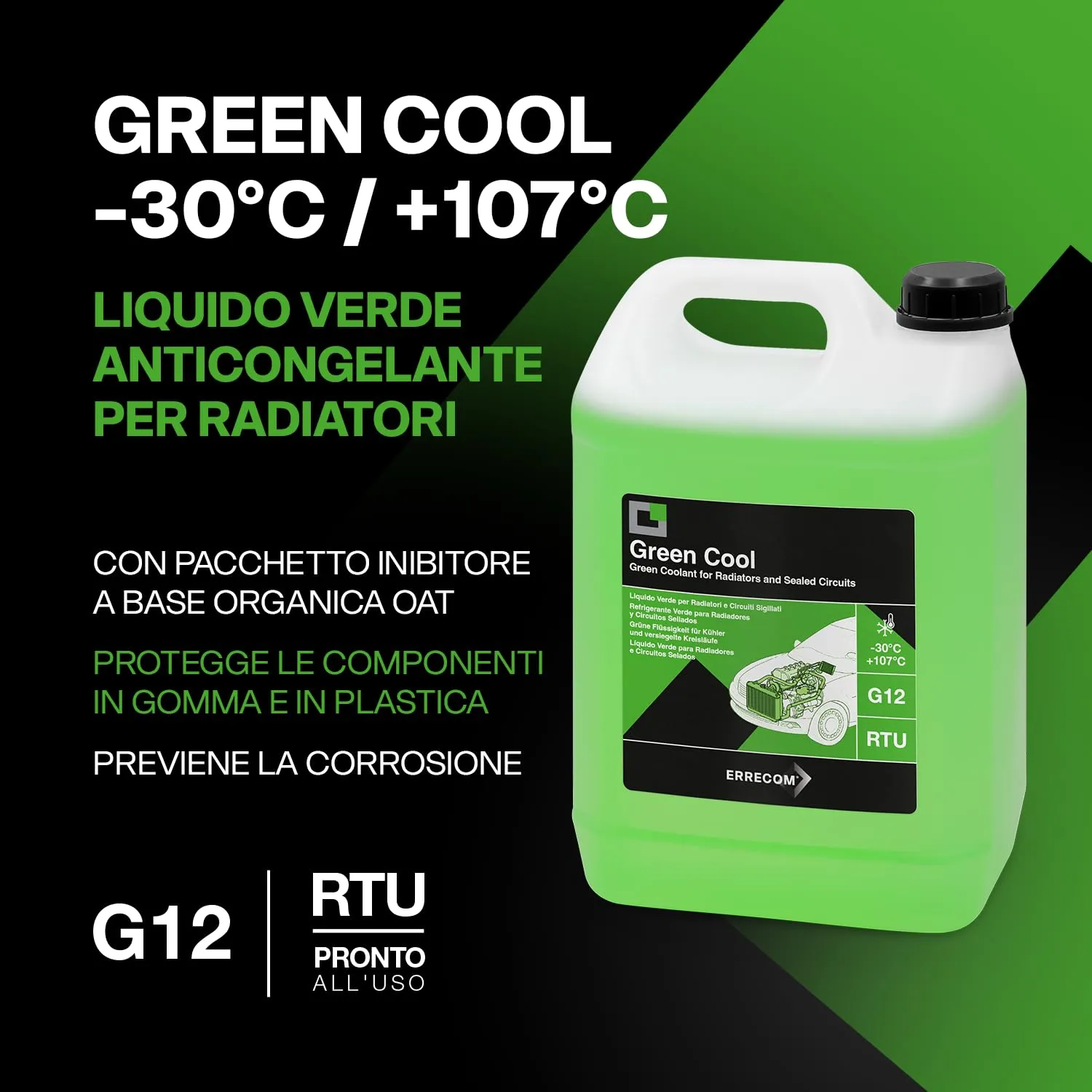 ERRECOM Green Cool Liquido Radiatore Verde G12 OAT, -30°C/+107°C, Pronto all’Uso, 5 Litri - immagine 2