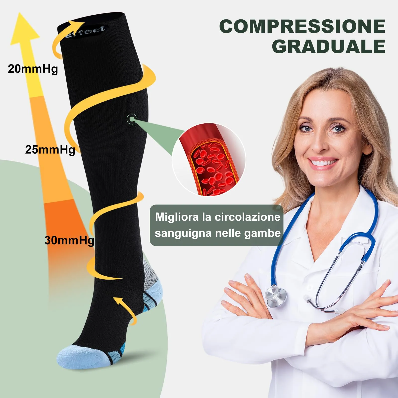 Effeet Calze a Compressione Graduata 20-30 mmHg, Sport, 2 Paia, Celeste, 39-42 - immagine 4