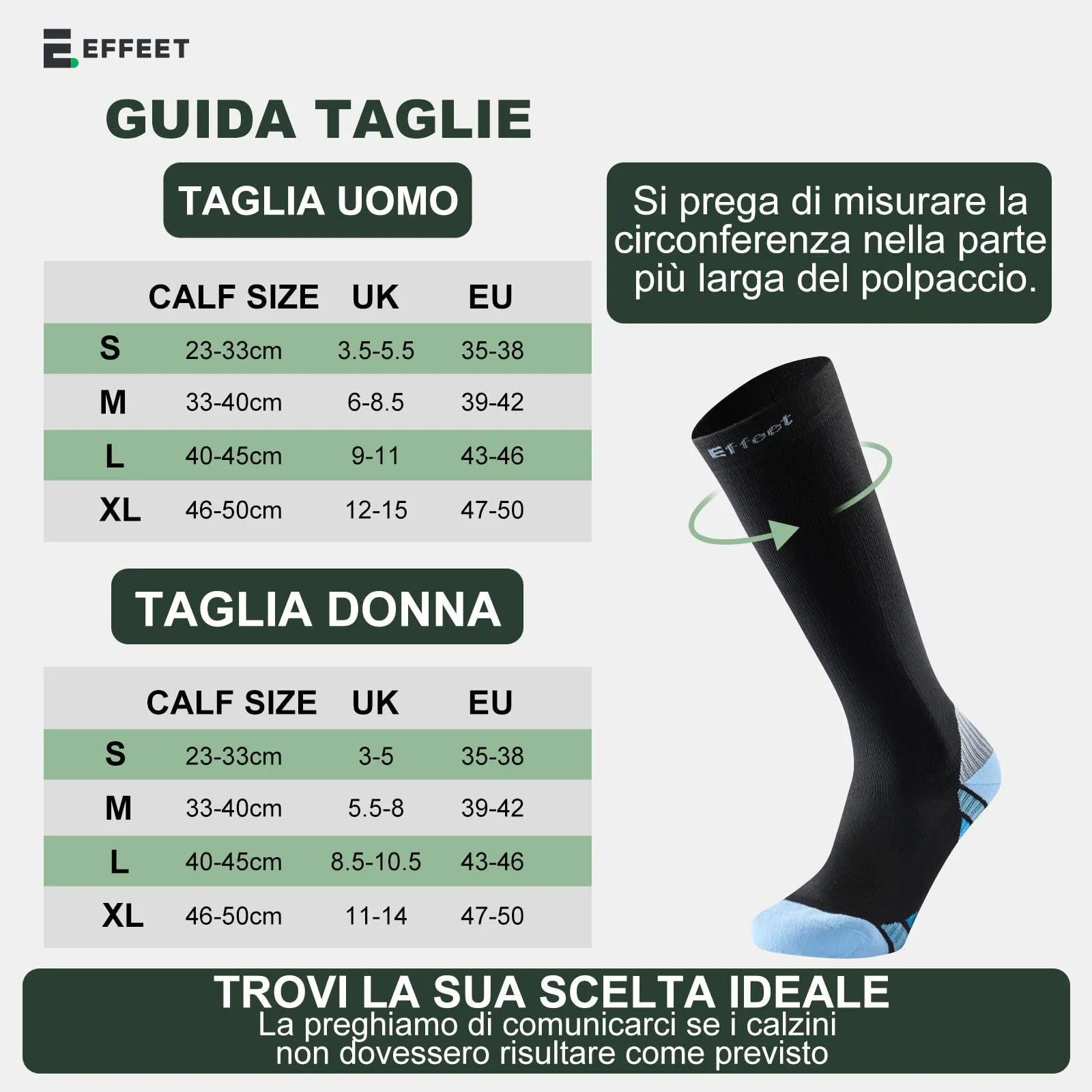 Effeet Calze a Compressione Graduata 20-30 mmHg, Sport, 2 Paia, Celeste, 39-42 - immagine 5