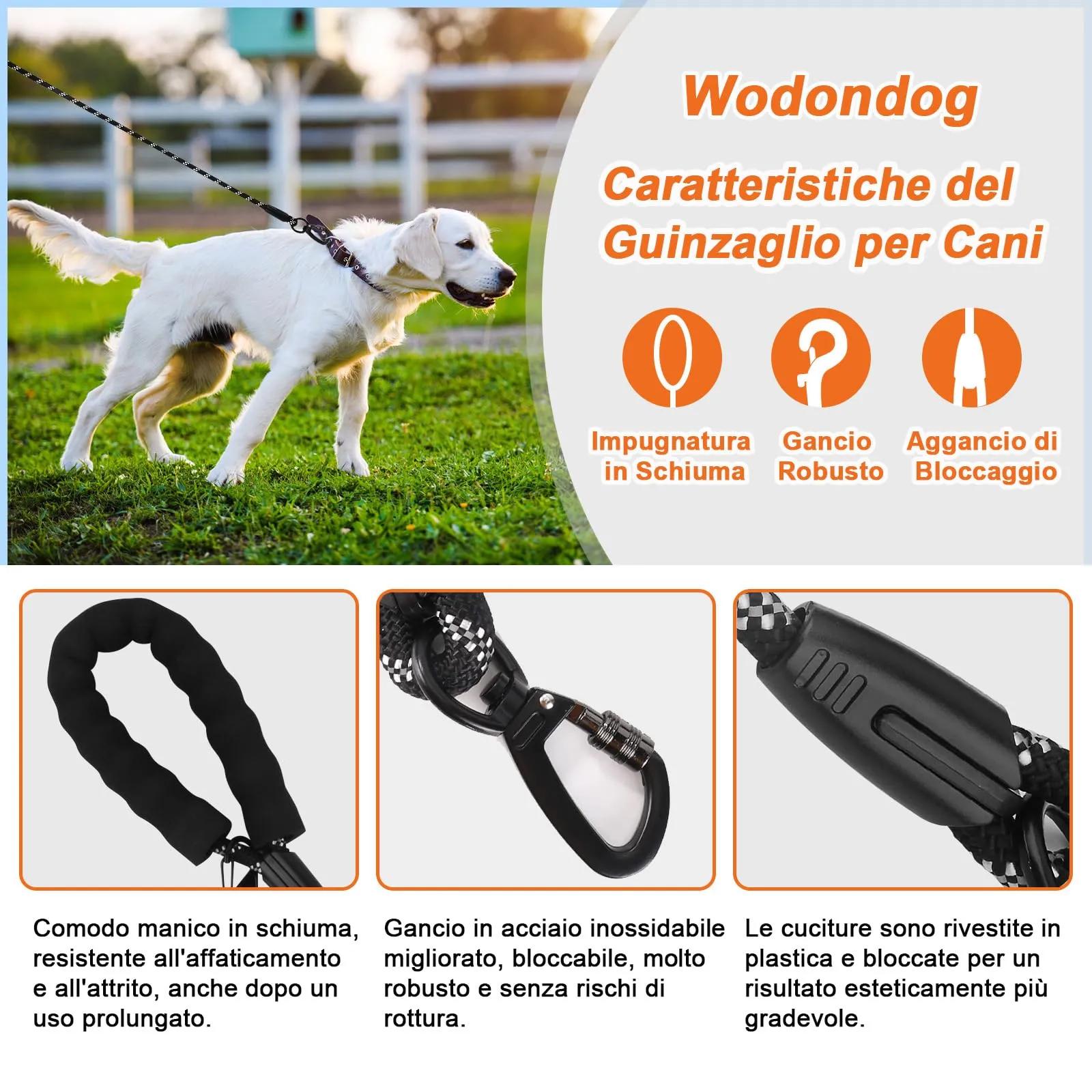 Wodondog Guinzaglio per Cani in Nylon Riflettente, 5M * 0.8cm, Nero - immagine 2