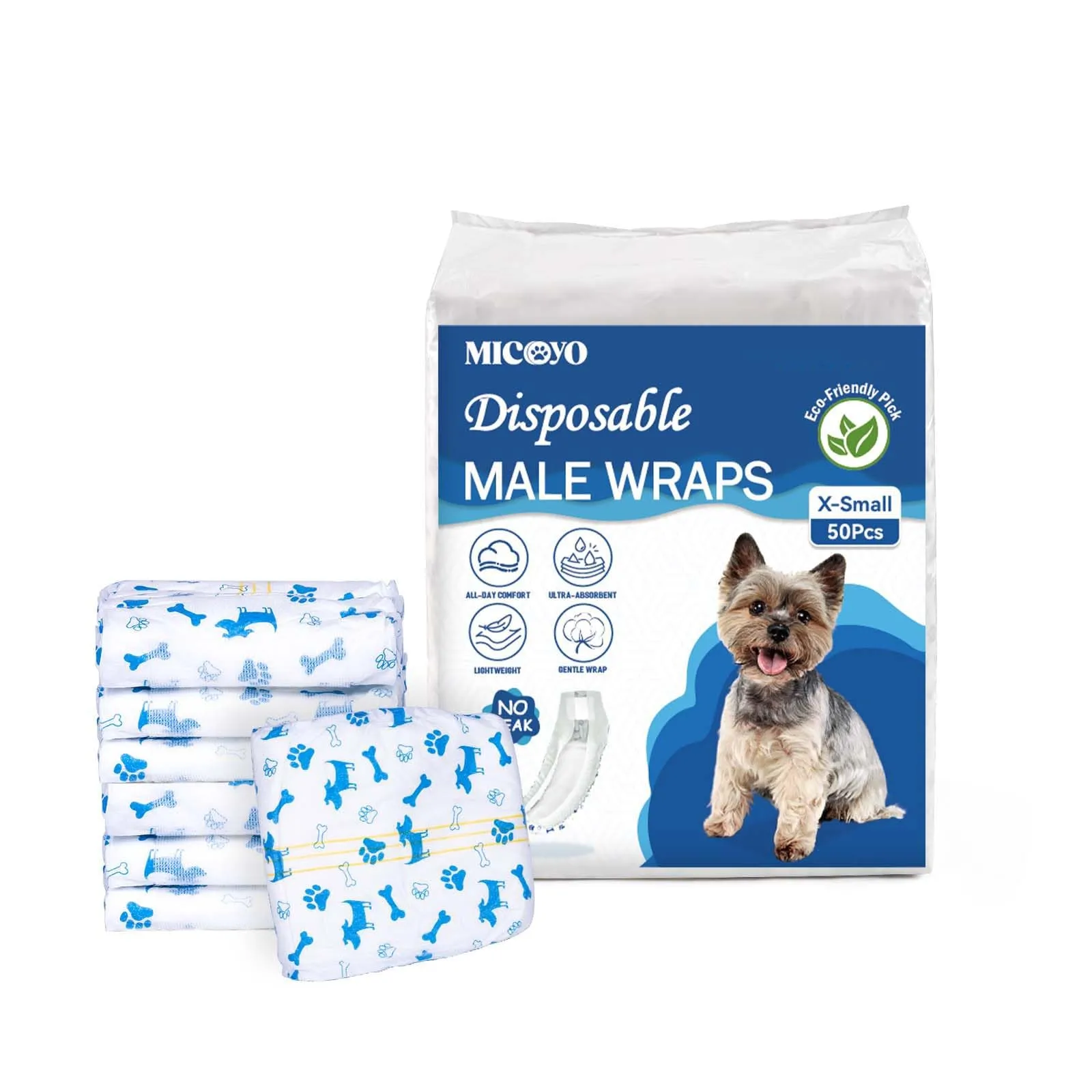 MICOOYO Pannolini usa e getta per cani maschi con indicatore di umidità, XS, confezione da 50 - immagine 1