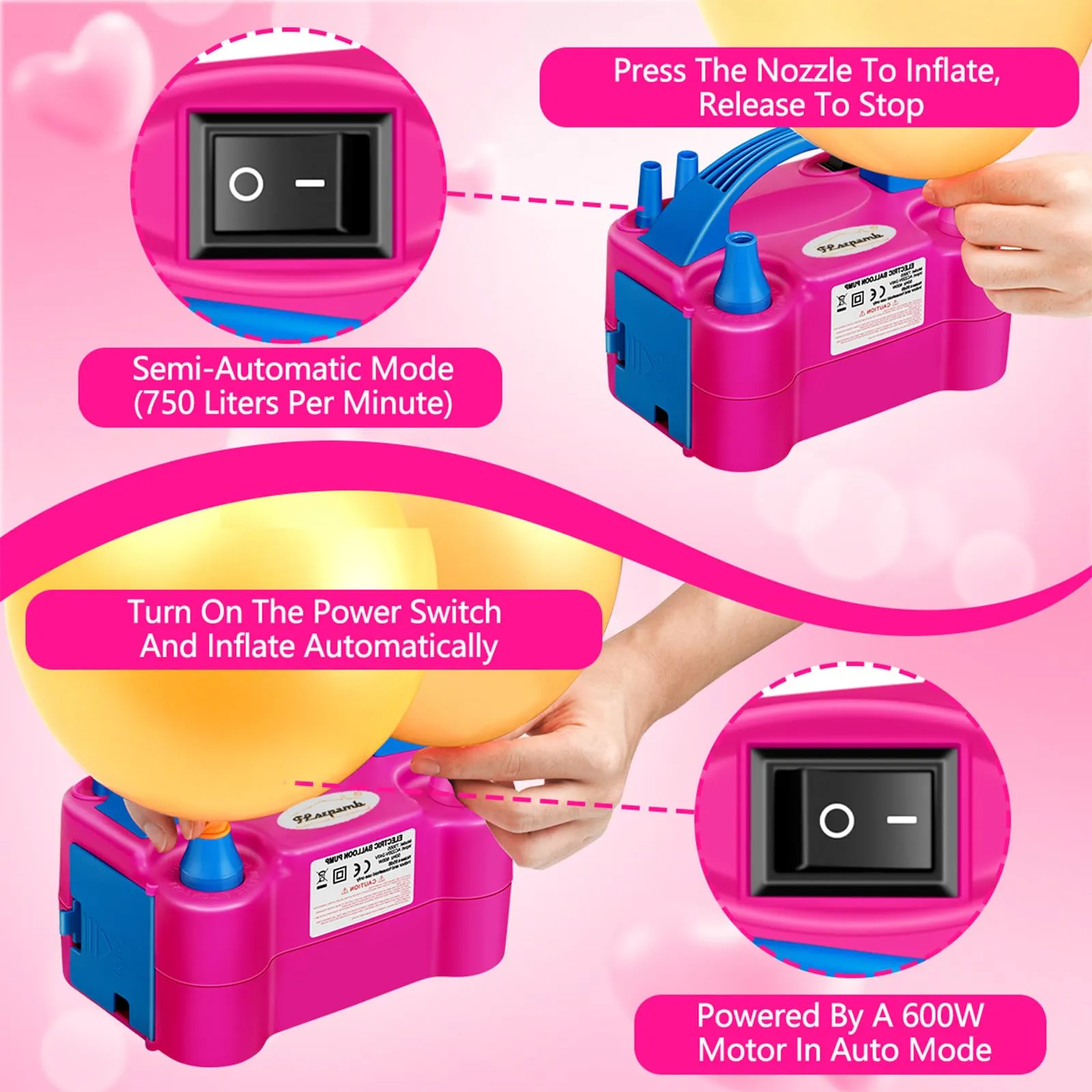 FLSEPAMB Pompa Elettrica per Palloncini 600W, 2 Modalità, Fucsia - immagine 2