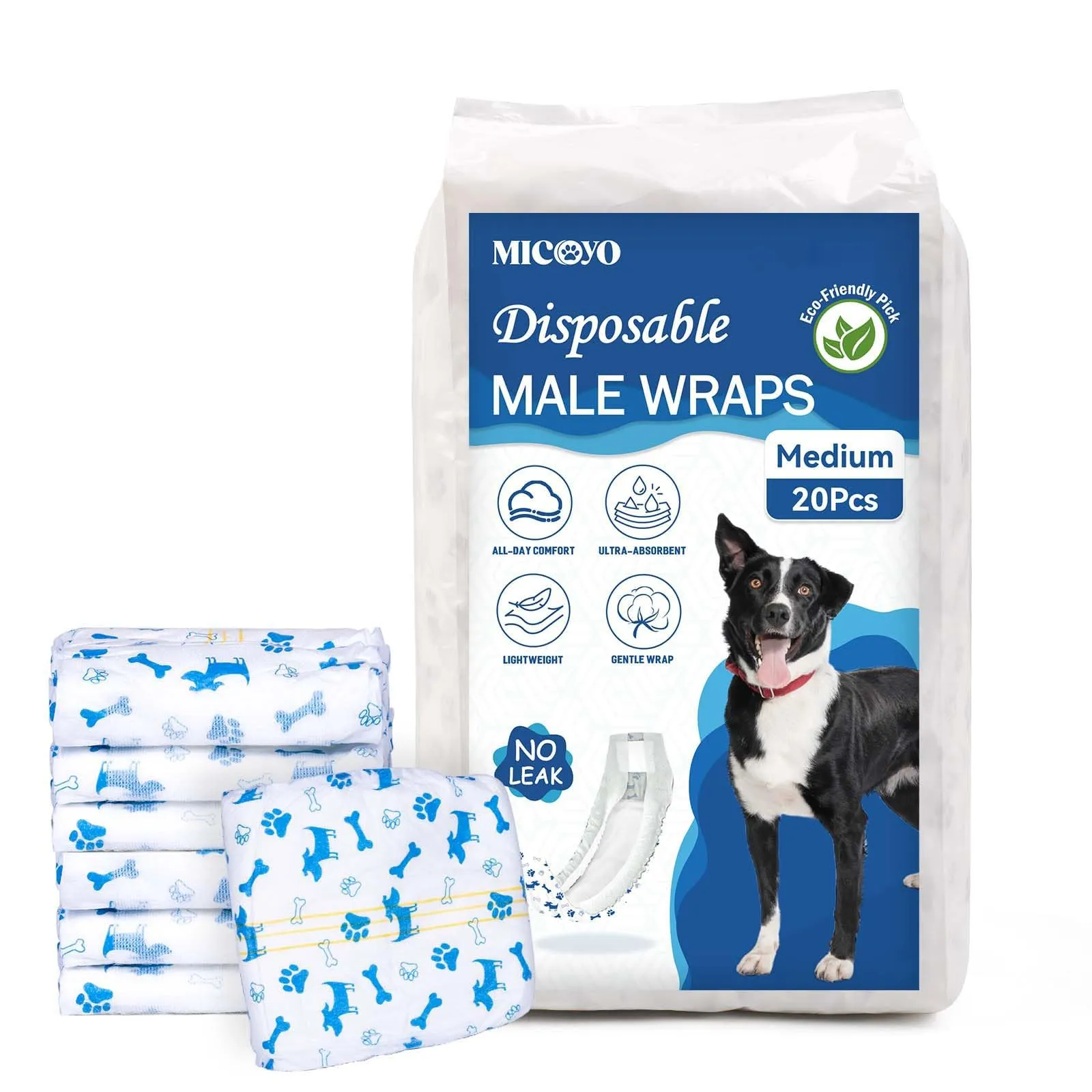 MICOOYO Pannolini usa e getta per cani maschi con indicatore di umidità, M, confezione da 20 - immagine 1