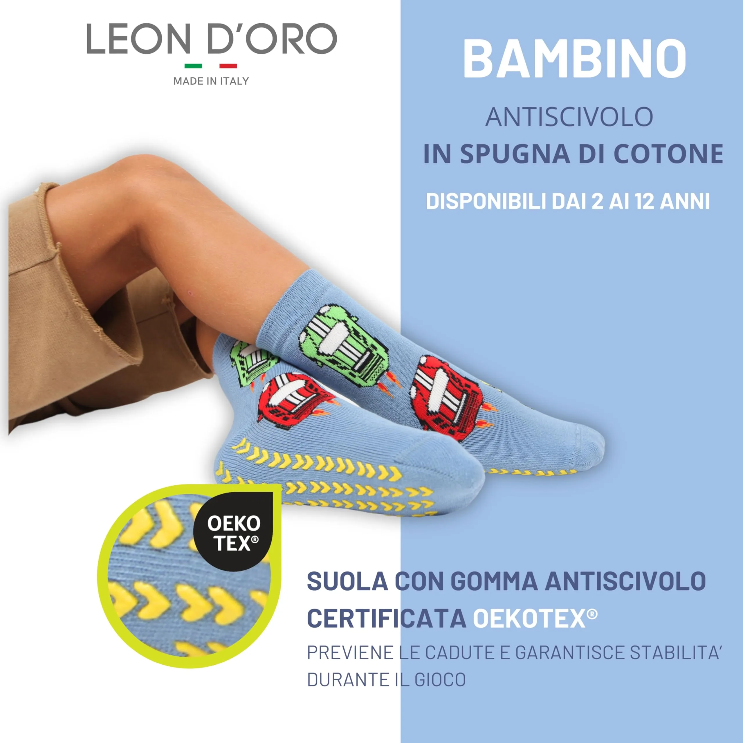 LEON D'ORO Calzini Bambino Antiscivolo in Cotone, 3 Paia, 23-28, Made in Italy - immagine 2