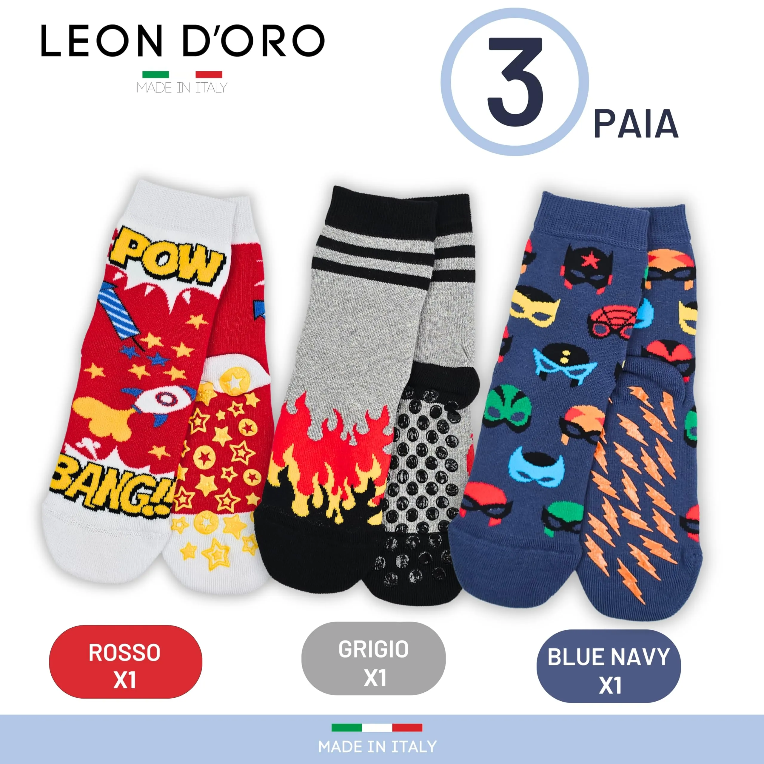 LEON D'ORO Calzini Bambino Antiscivolo in Cotone, 3 Paia, 23-28, Made in Italy - immagine 3