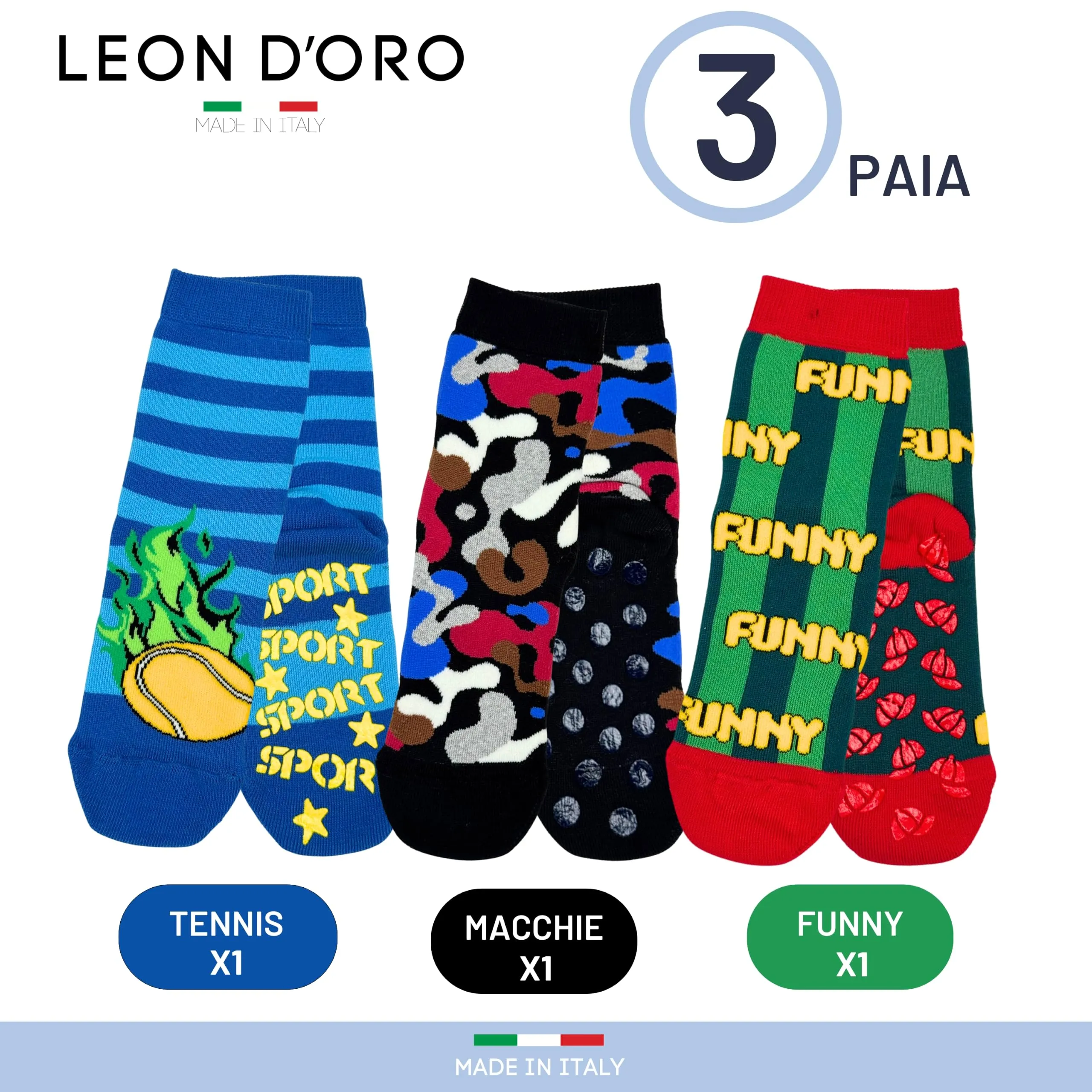 LEON D'ORO Calzini Bambino Antiscivolo in Cotone, 3 Paia, Made in Italy, 35-40 - immagine 4