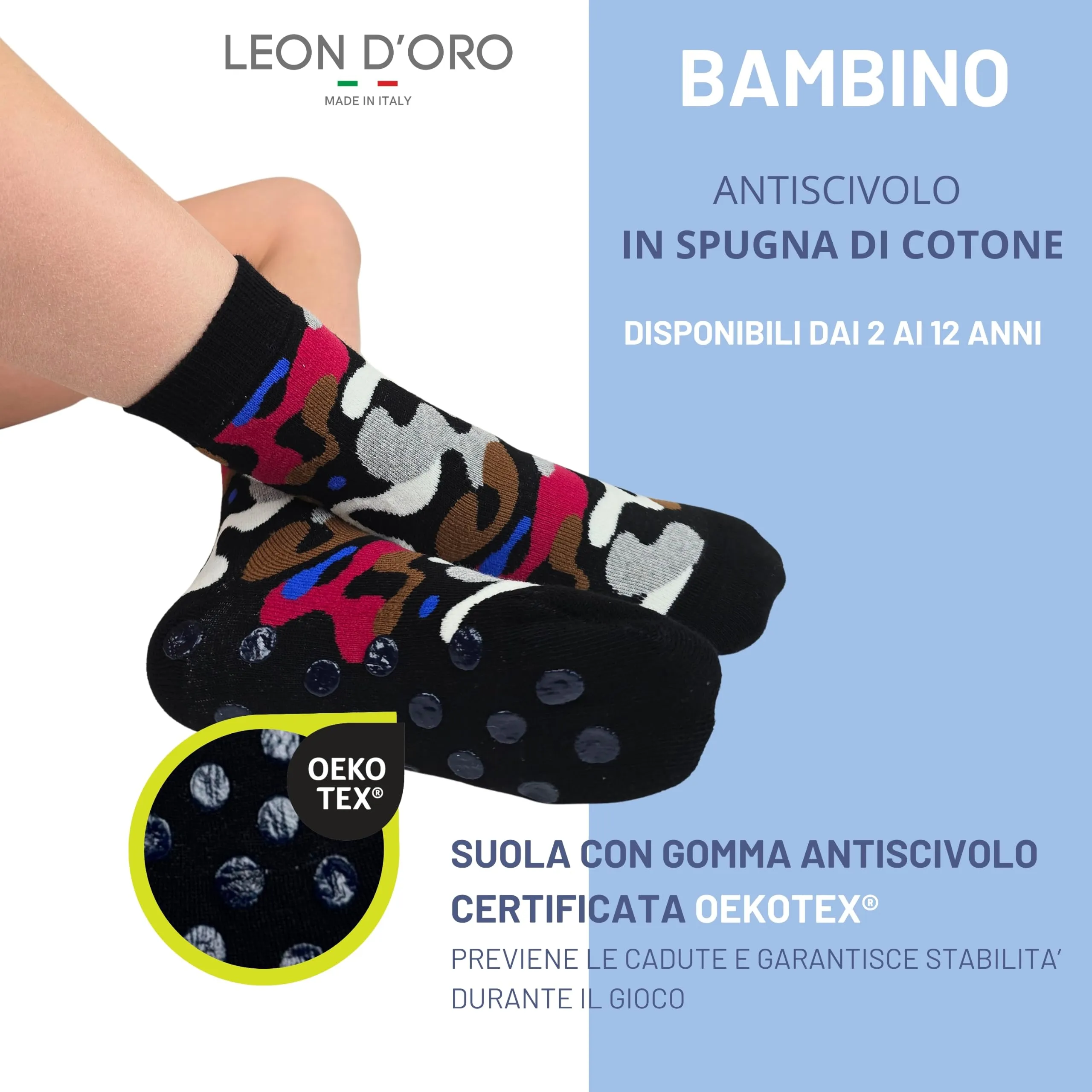 LEON D'ORO Calzini Bambino Antiscivolo in Cotone, 3 Paia, 29-34, Made in Italy - immagine 3
