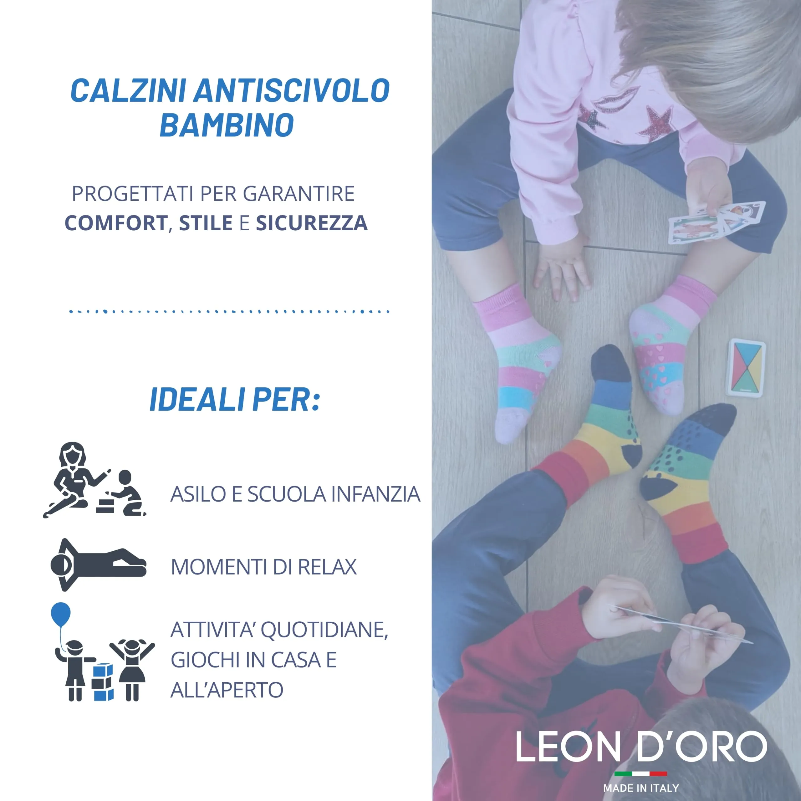 LEON D'ORO Calzini Bambino Antiscivolo in Cotone, 3 Paia, 29-34, Made in Italy - immagine 5