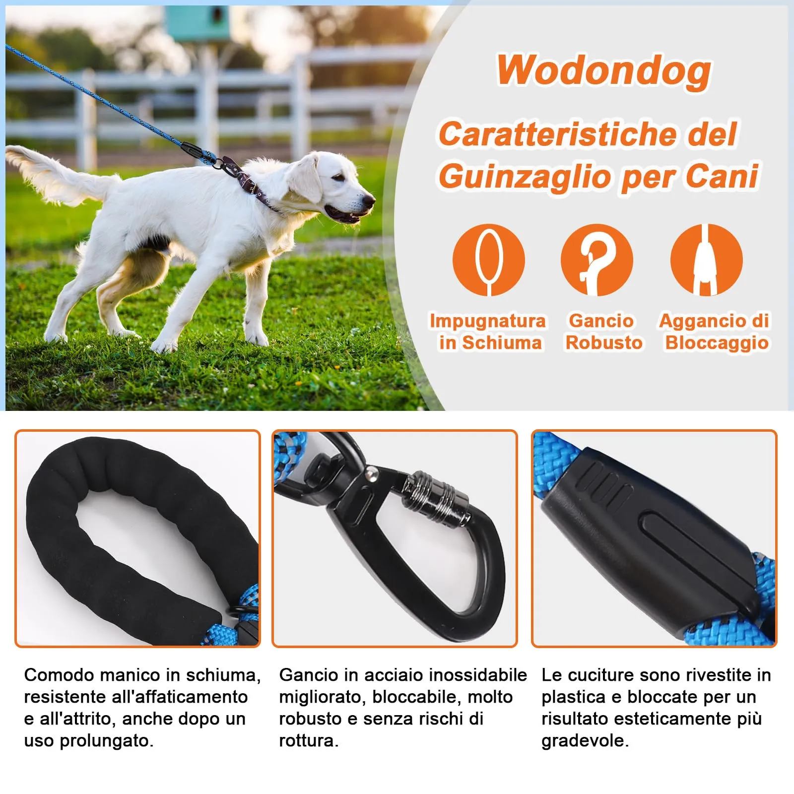 Wodondog Guinzaglio per Cani in Nylon Riflettente, 20M x 0.8cm, Blu - immagine 2