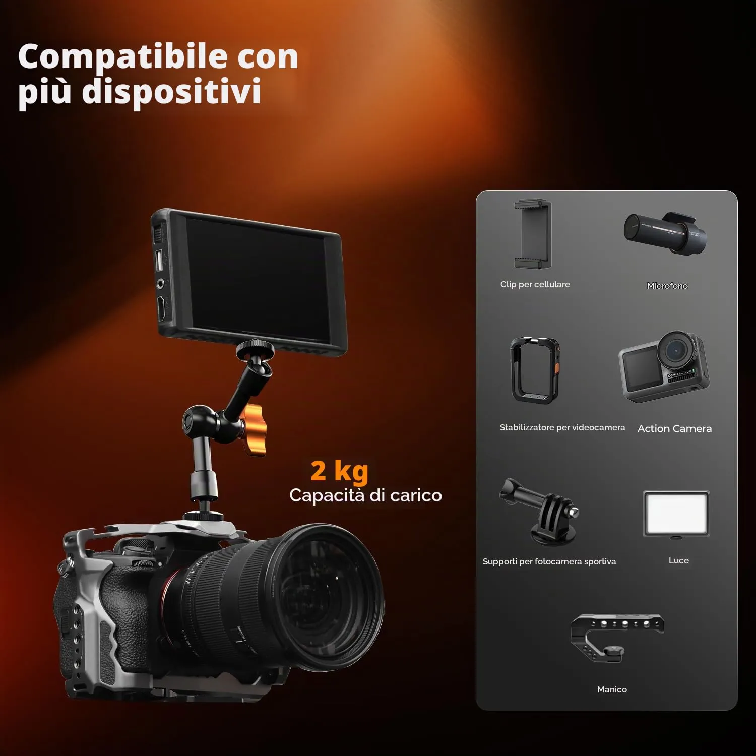 K&F Concept Braccio Magico 6" con Super Morsetto e Vite 1/4" 3/8" - immagine 4