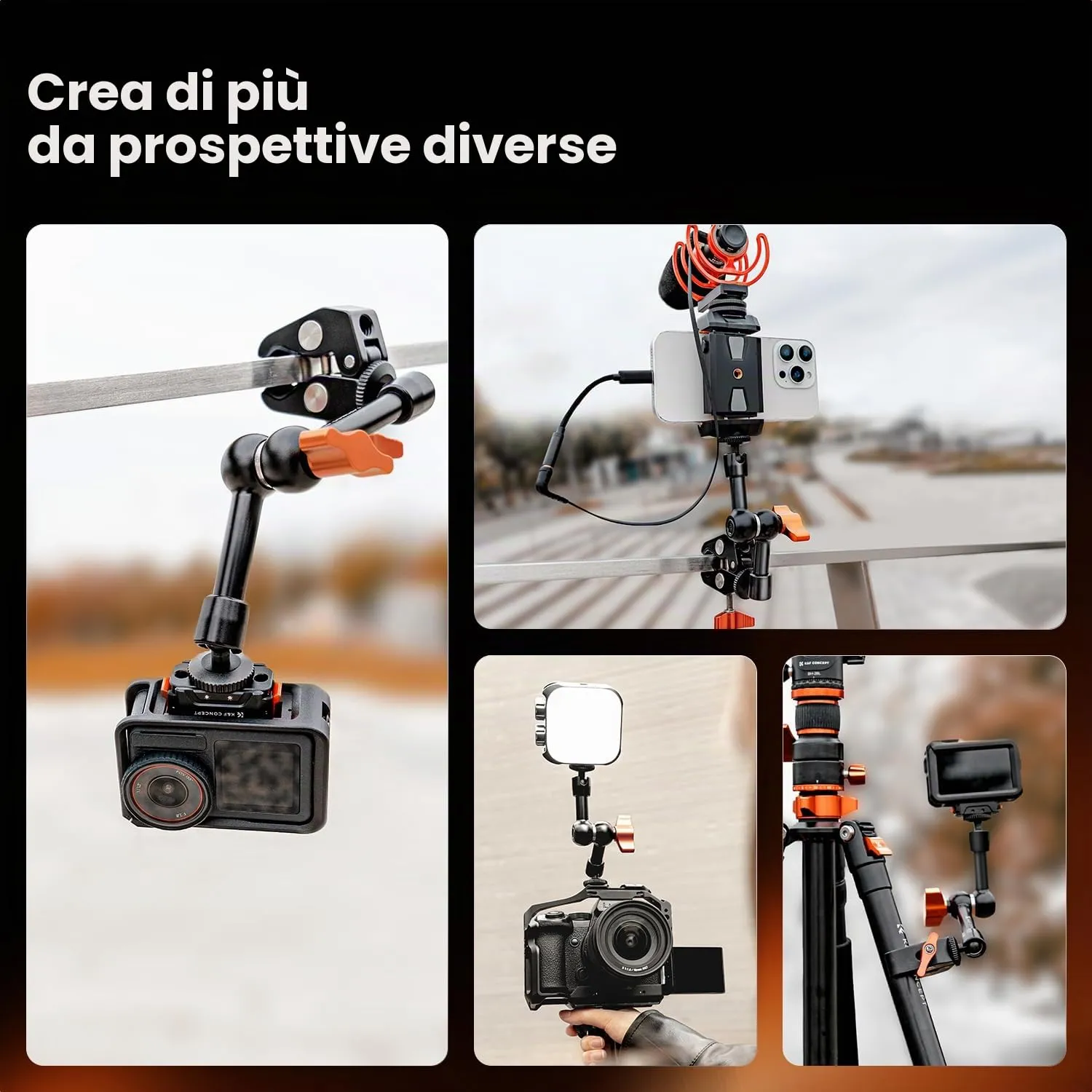 K&F Concept Braccio Magico 6" con Super Morsetto e Vite 1/4" 3/8" - immagine 6