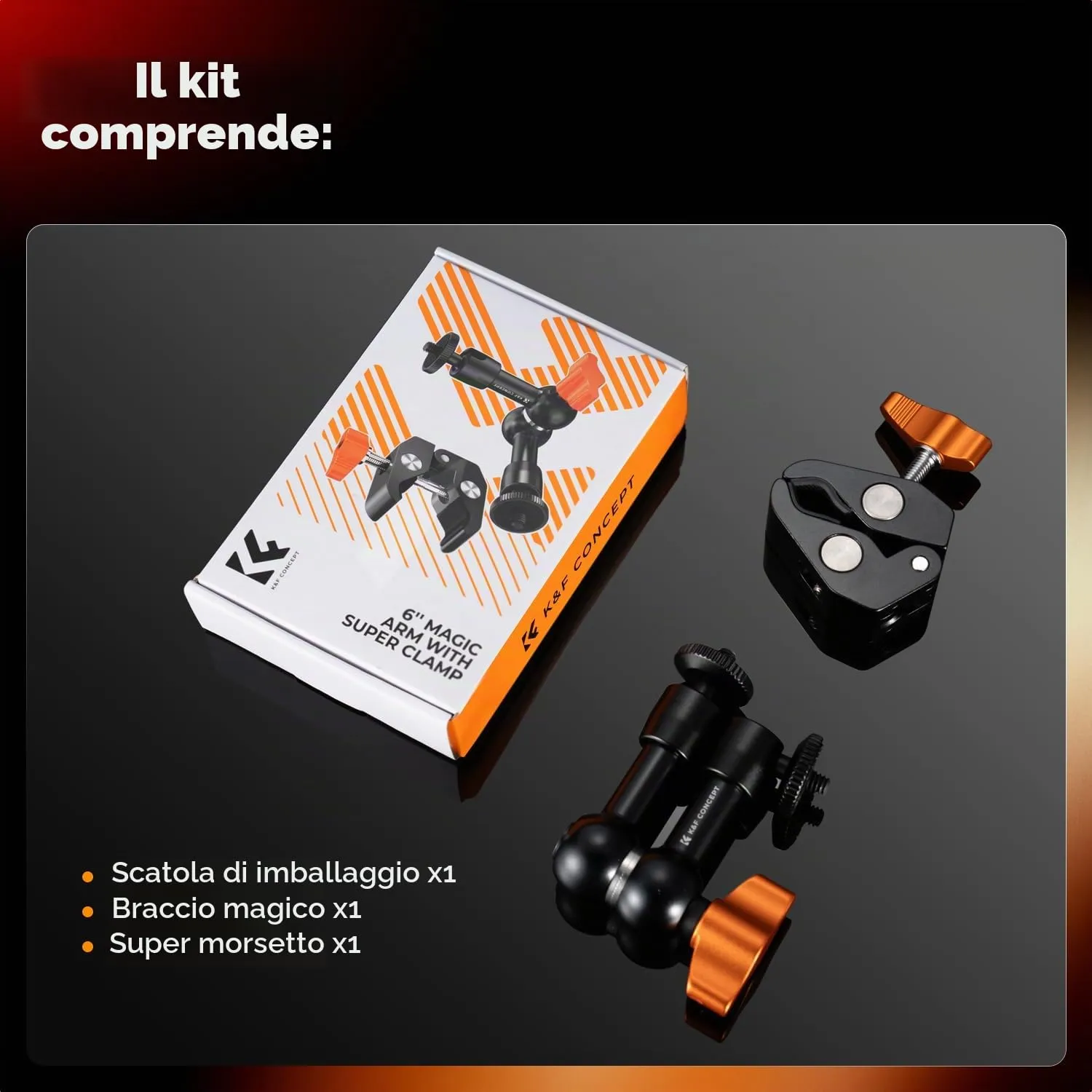 K&F Concept Braccio Magico 6" con Super Morsetto e Vite 1/4" 3/8" - immagine 7