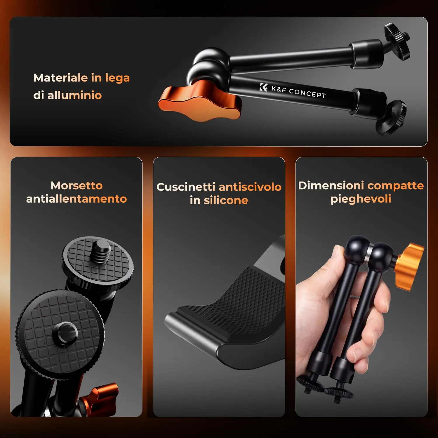 K&F Concept Braccio Magico 9.8" con Super Clamp, Viti 1/4" e 3/8" - immagine 2