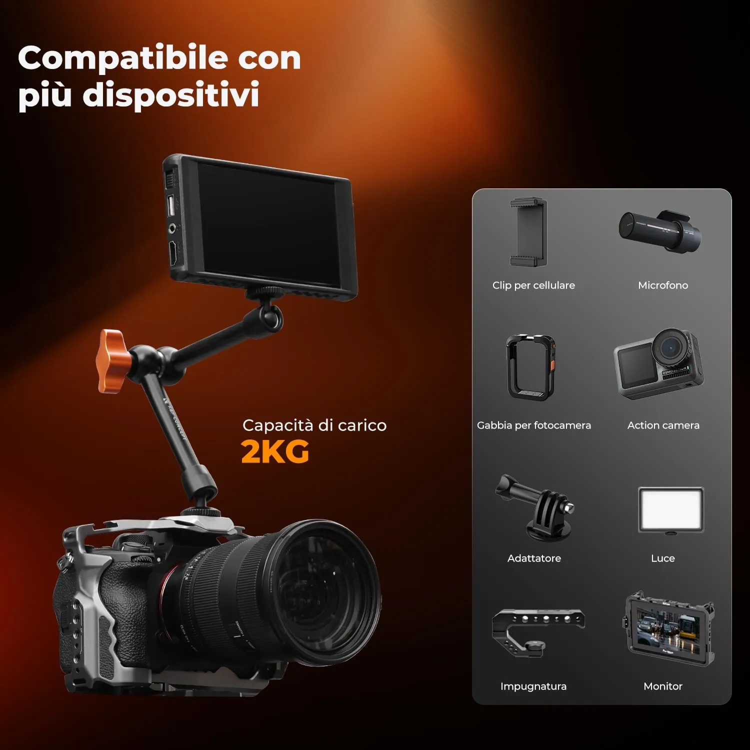 K&F Concept Braccio Magico 9.8" con Super Clamp, Viti 1/4" e 3/8" - immagine 4