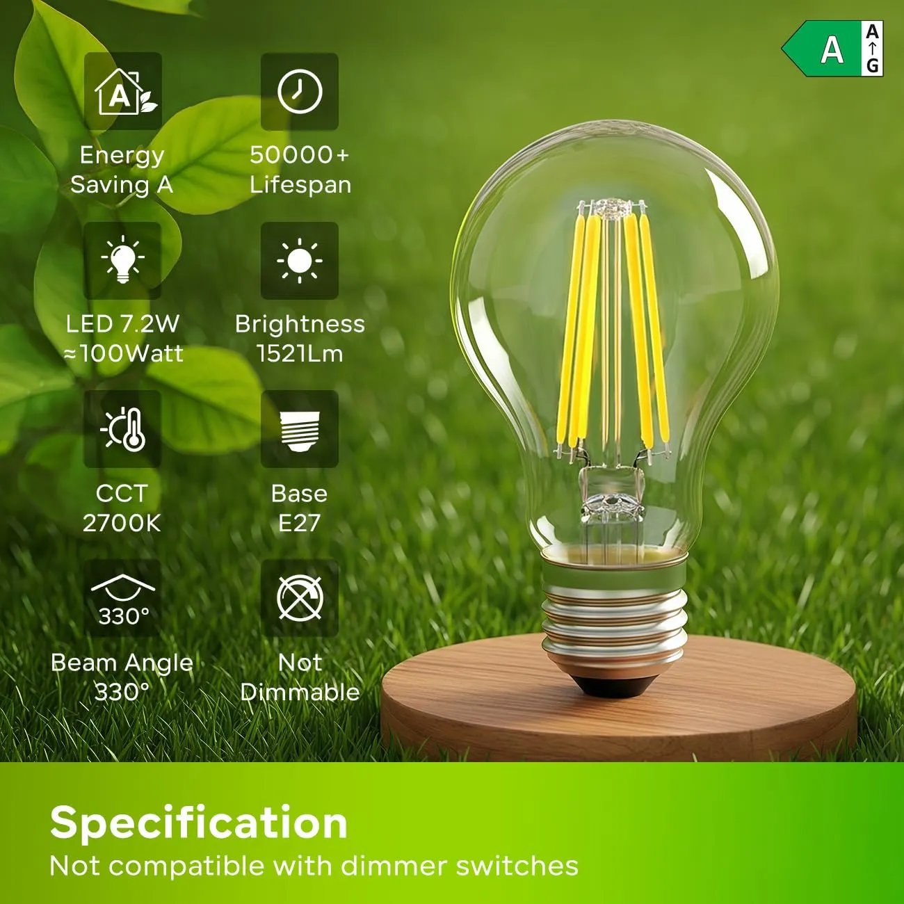 LVWIT Lampadine LED E27 A60, 7.2W (100W), 1521LM, 2700K Luce Calda, Classe A, Stile Vintage, Non Dimmerabile - immagine 2