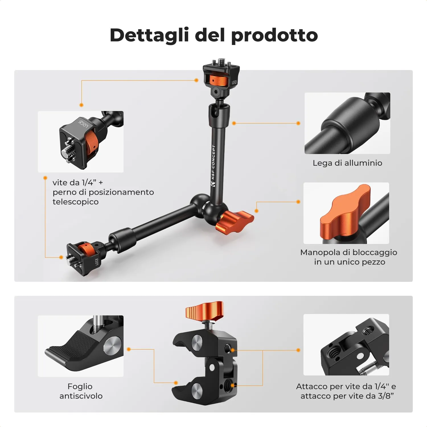 K&F Concept Braccio Magico 11" con Super Clamp, Viti 1/4" e 3/8" - immagine 2