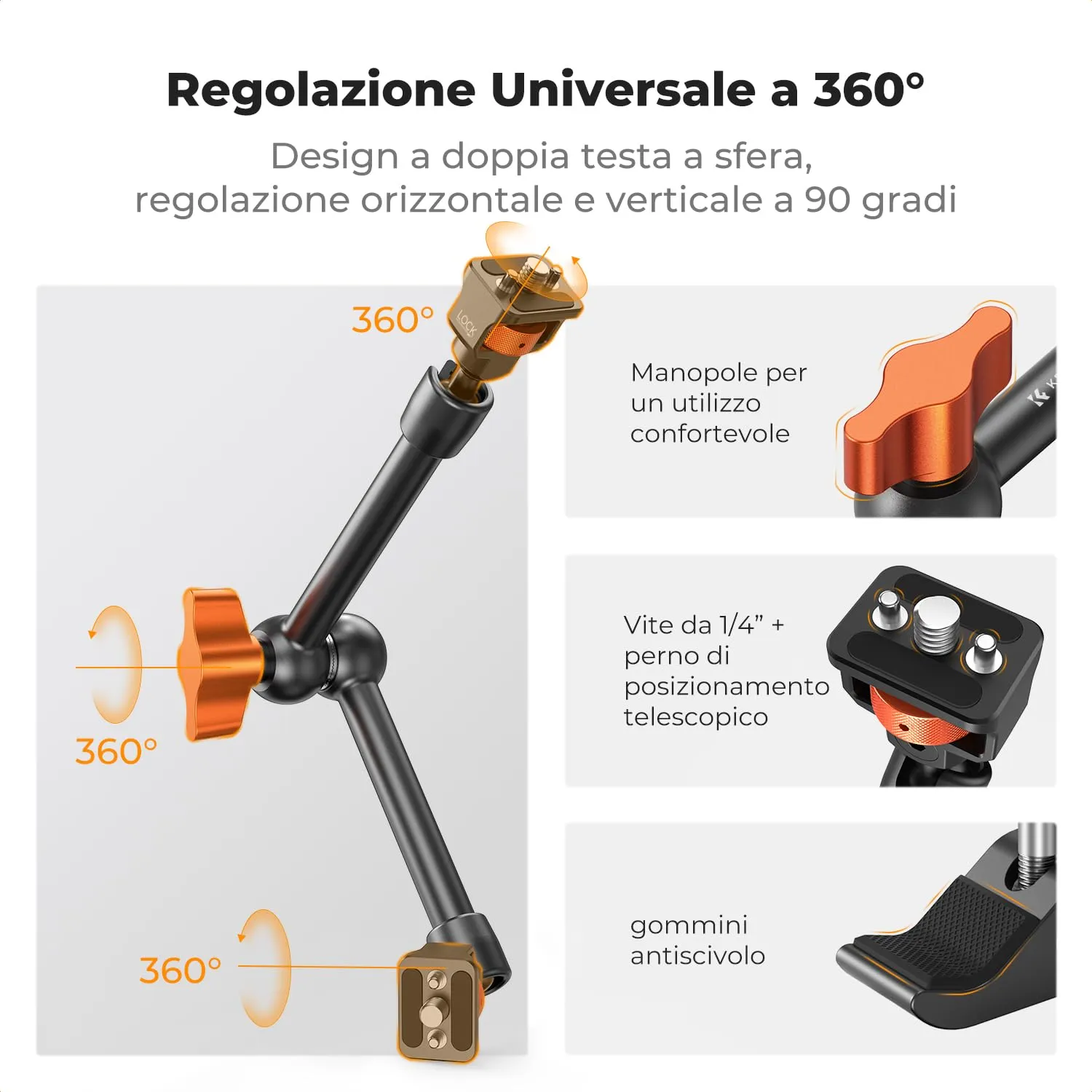 K&F Concept Braccio Magico 11" con Super Clamp, Viti 1/4" e 3/8" - immagine 3