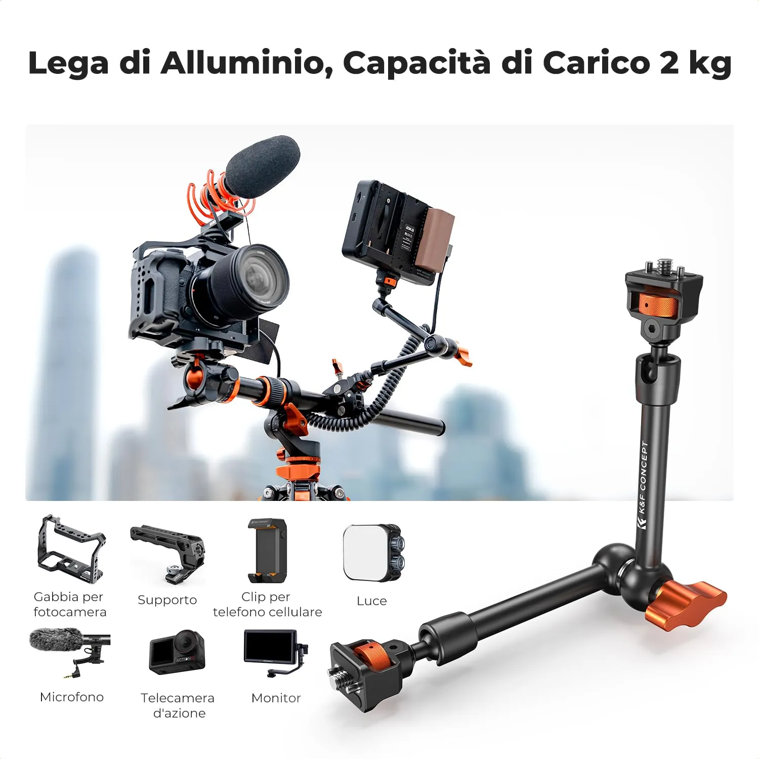 K&F Concept Braccio Magico 11" con Super Clamp, Viti 1/4" e 3/8" - immagine 4
