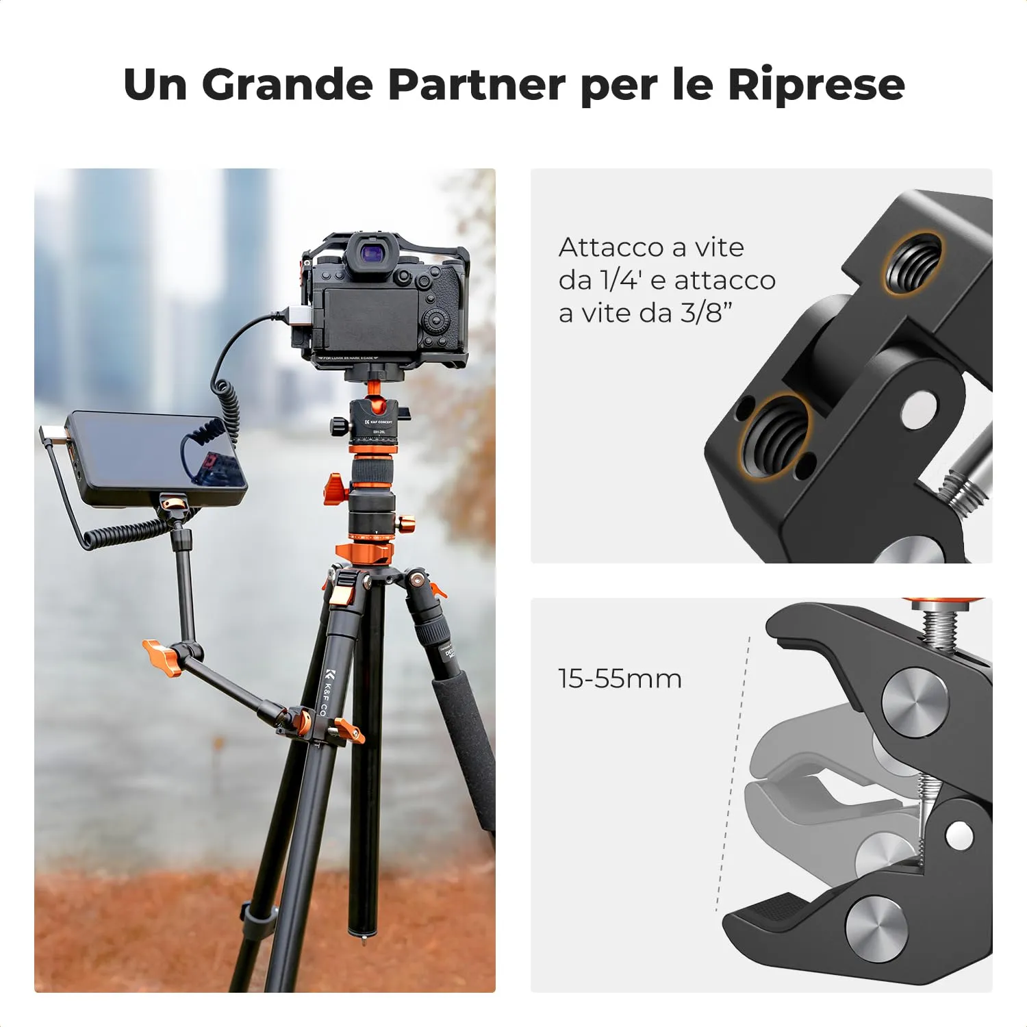 K&F Concept Braccio Magico 11" con Super Clamp, Viti 1/4" e 3/8" - immagine 5